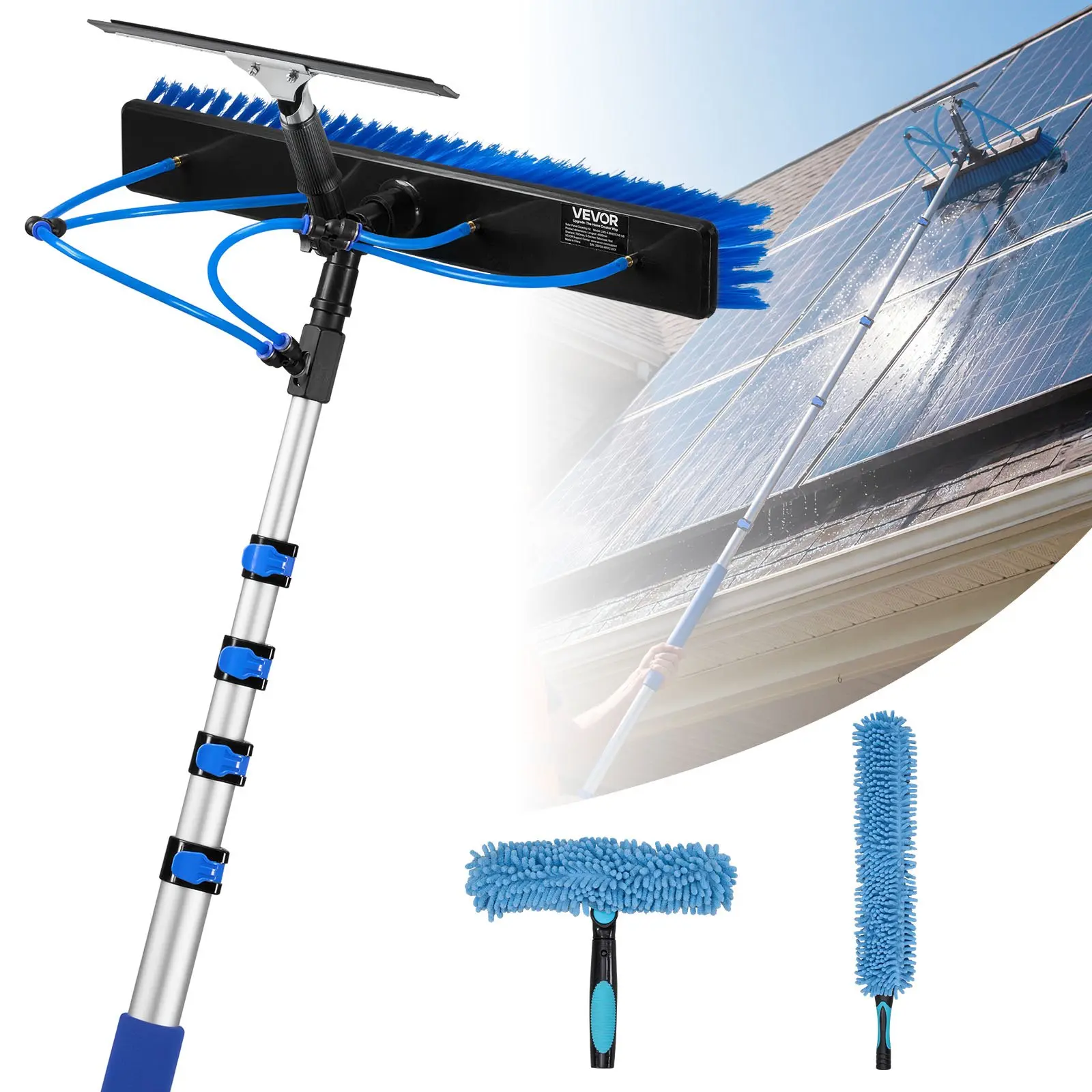 VEVOR Extendable Adjustable Pole Solar Panel Cleaning Kit, 4.6m/15ft Lightweight Aluminum Telescopic Pole with Complete Accessory Set (Brush, Squeegee, Soap Dispenser), 180° Rotatable Head, Comfortable Grip, All-Weather Use for Roof Mounted Solar Panels,