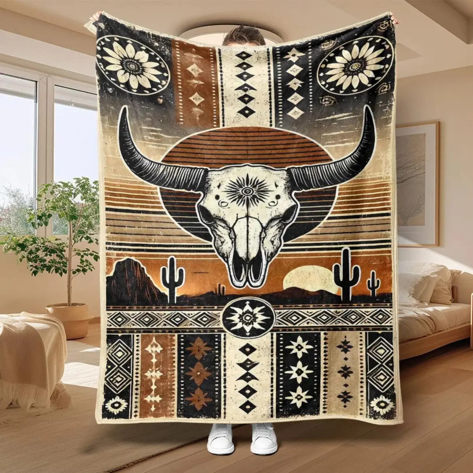 Western Cow Head Pattern Blanket, Soft Throw Blanket,Warm Nap Blanket for Home Office Travel Camping, Southwest Desert Cactus Decor Blanket, Lightweight All Season Sofa Throw, Holiday Birthday Western Style Gift Bedding Blanket