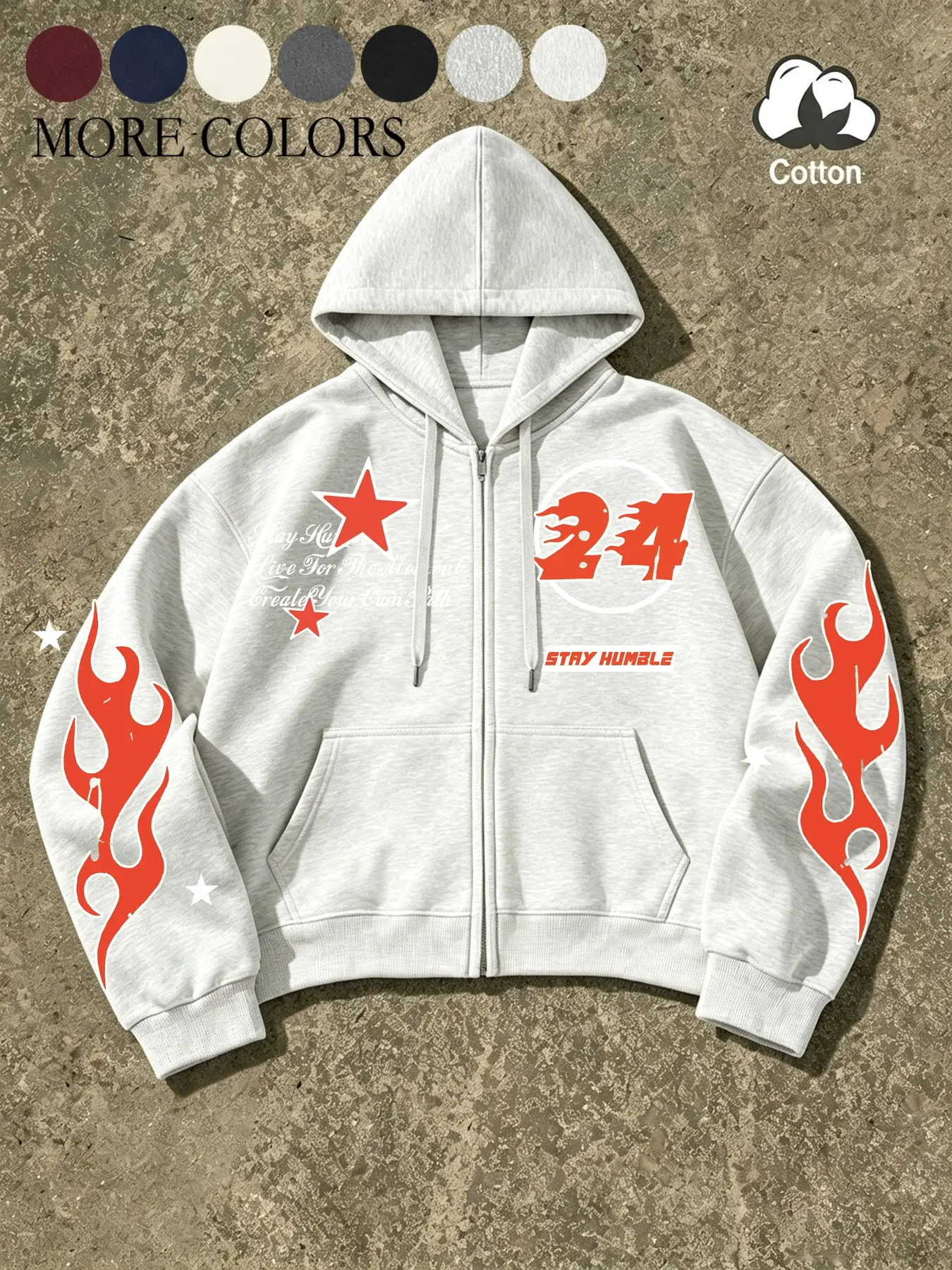 Unisex design, street style. Red flame print combined with a 24-digit hoodie with zipper. Long-sleeved hooded sweatshirt suitable for streetwear, 2000s fashion, perfect as a gift for friends, husbands, or boyfriends