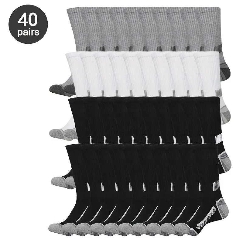 Men's 40-Pair Crew Length Athletic Performance Sports Socks - Breathable Knit, Vibrant Blocks, All-Season Wear, Everyday Comfort & Style for Outdoor Activities