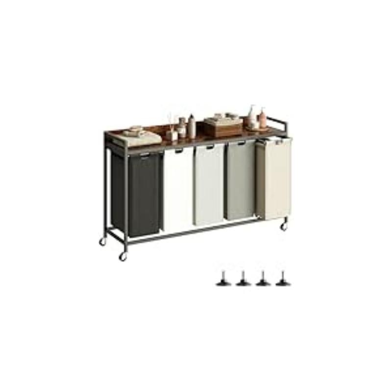 Laundry Hampers with Shelf, Laundry Basket 3 Section, Laundry Sorter with Pull-Out Removable Large 3 Color Bags and Movable Wheels, Metal Frame, 3 x 15.87 Gallons (60L), Rustic Brown PF04XLN