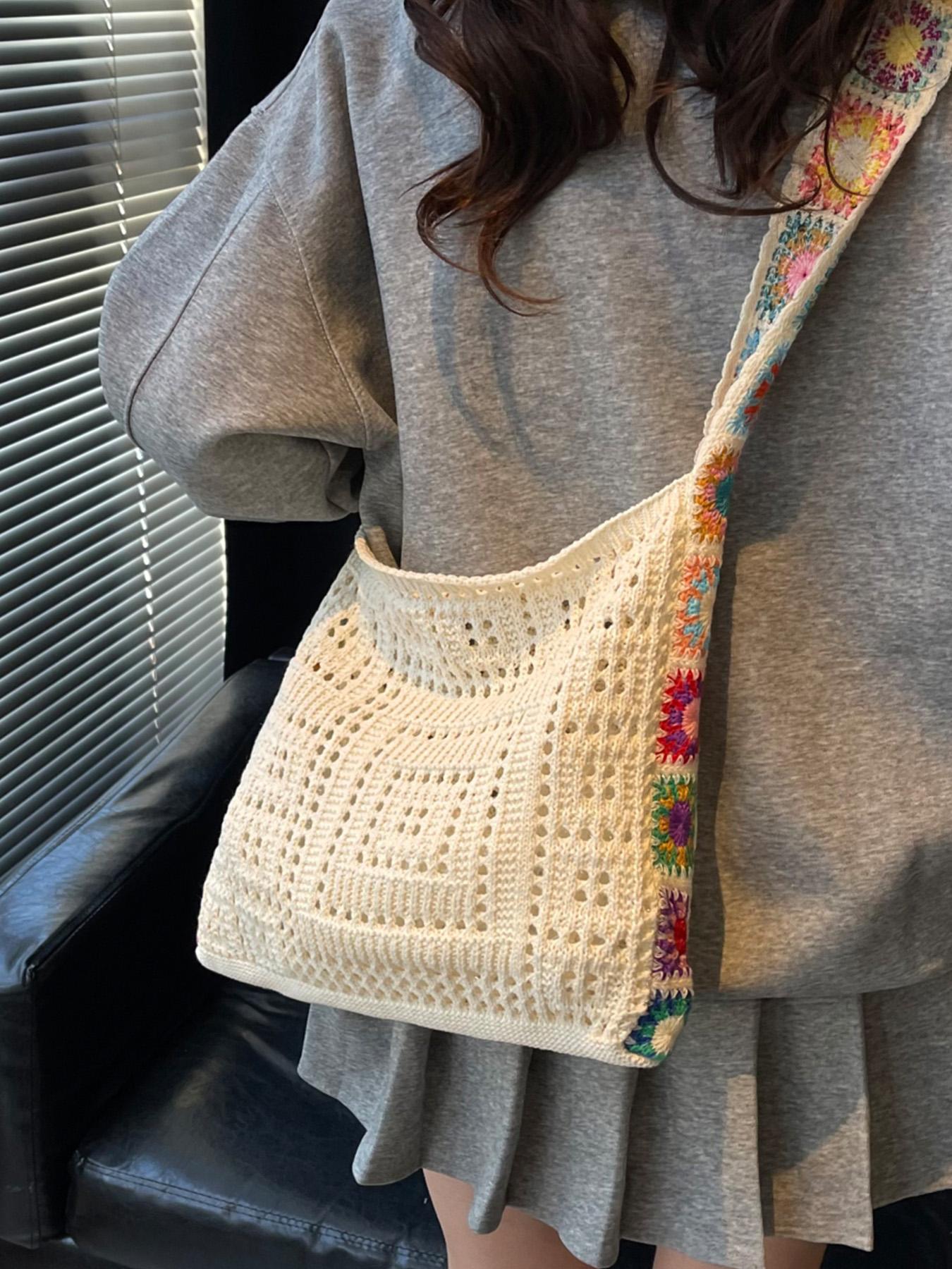 Women's Fashionable Floral Pattern Crochet Shoulder Bag, Boho Style Crossbody Tote Bag for Daily Used, Casual Trendy Versatile High-quality Daily Commuting Bag