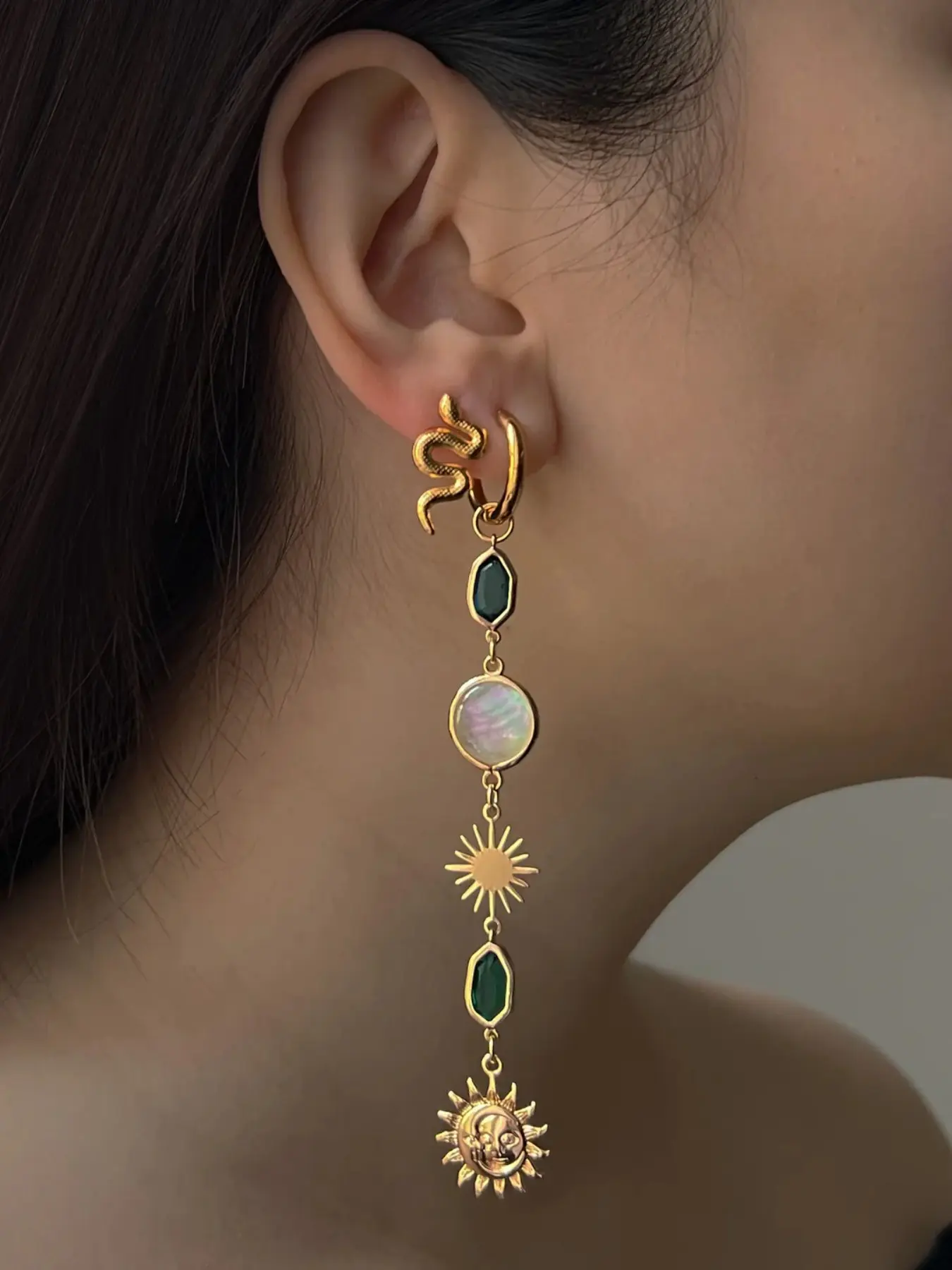 Women's Fashion Earrings Boho Style, Bohemian Earrings, Vintage Gold Snake Textured Leverback Hoop Dangle Earrings Multi Layer Charms Includes Marquise Green CZ, Round Mother Of Pearl, Sun & Moon Celestial Pendant Witchy Neutral Lightweight Stackable