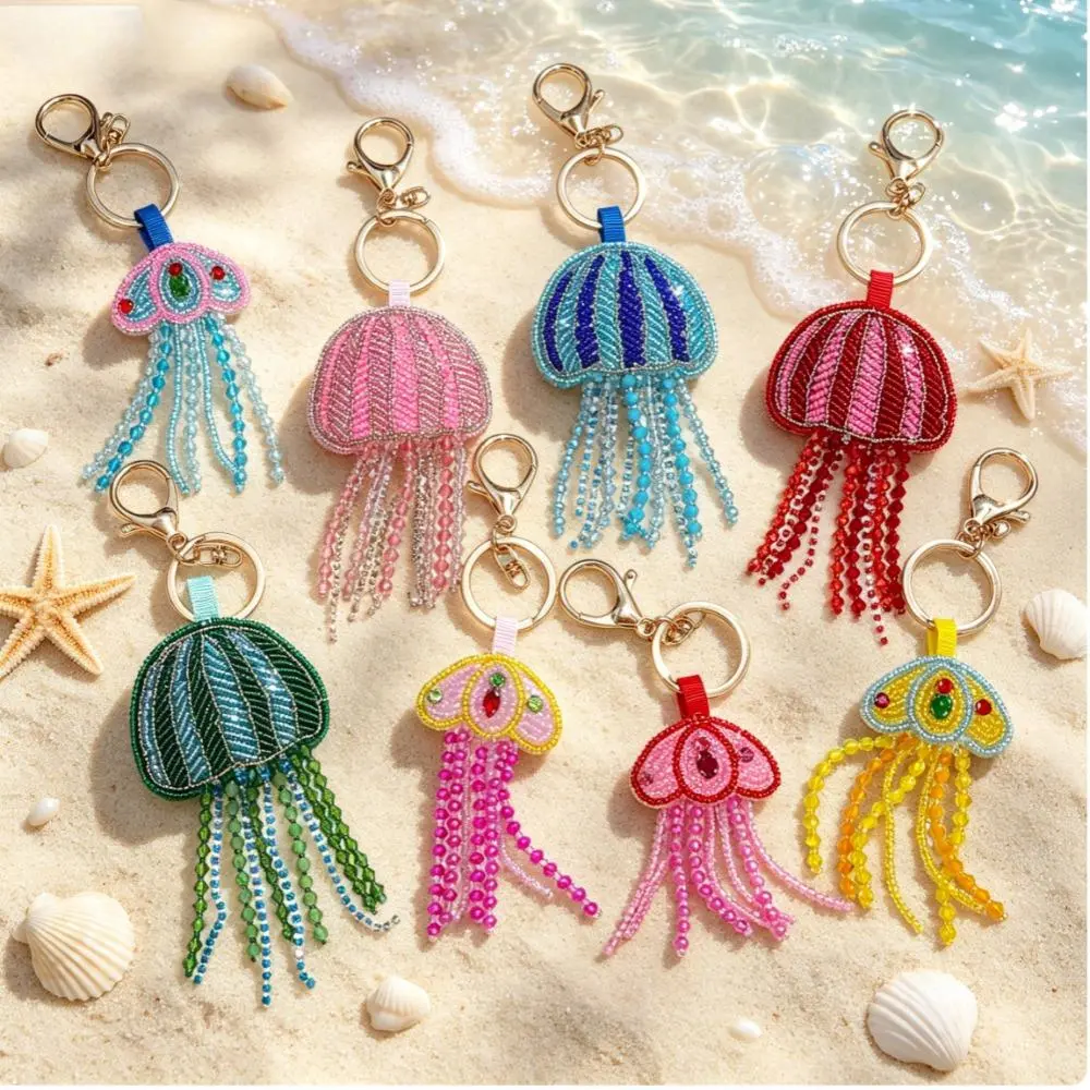 Multi-Color Hand Beaded Embroidery Plastic Jellyfish Keychain Set - Coastal Nautical Bag Charm with Ocean Boho Tassel, Beach Luggage Accessory, Unisex Lightweight Animal Pendant Charm for Bags