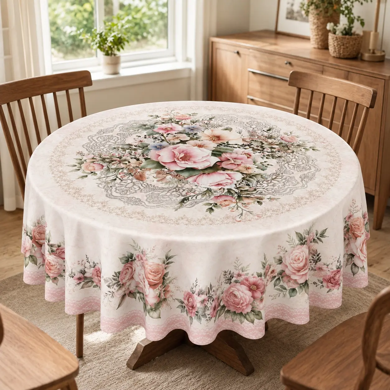 EastJia 1pc Round Elegant Tablecloth - Vintage Rose Floral Pattern, Durable Polyester Synthetic Fabric, Easy to Clean, Machine-Made, Ideal for Indoor Party Dining & Home Supplies Decor