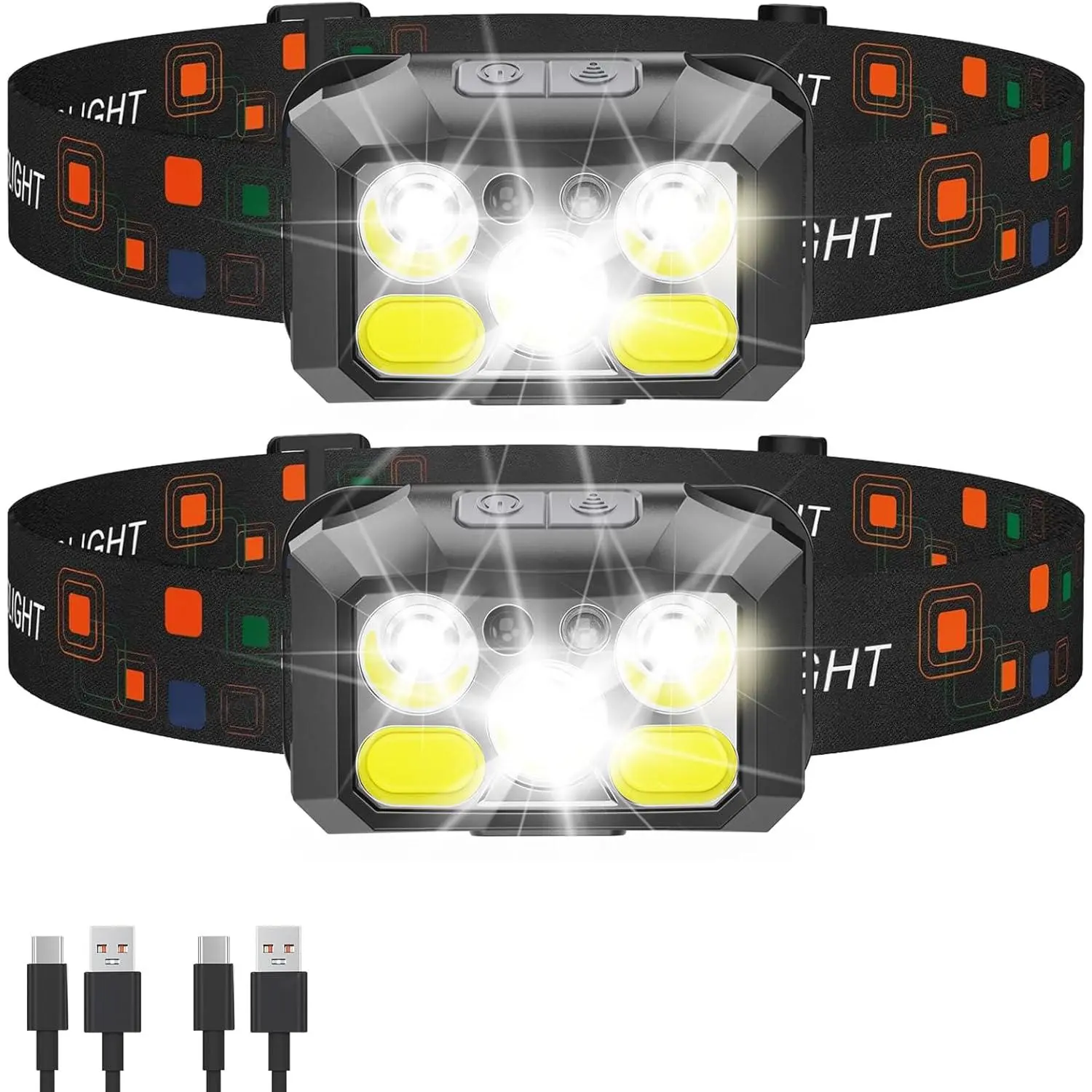 Rechargeable LED Headlamp 2-Pack, 800 Lumens, USB-C, IPX4 Waterproof, 8 Modes, Red & White Light - Lightweight, Adjustable, Hard Hat Clips Included;  Camping, Hiking, Running, Fishing & Repairs