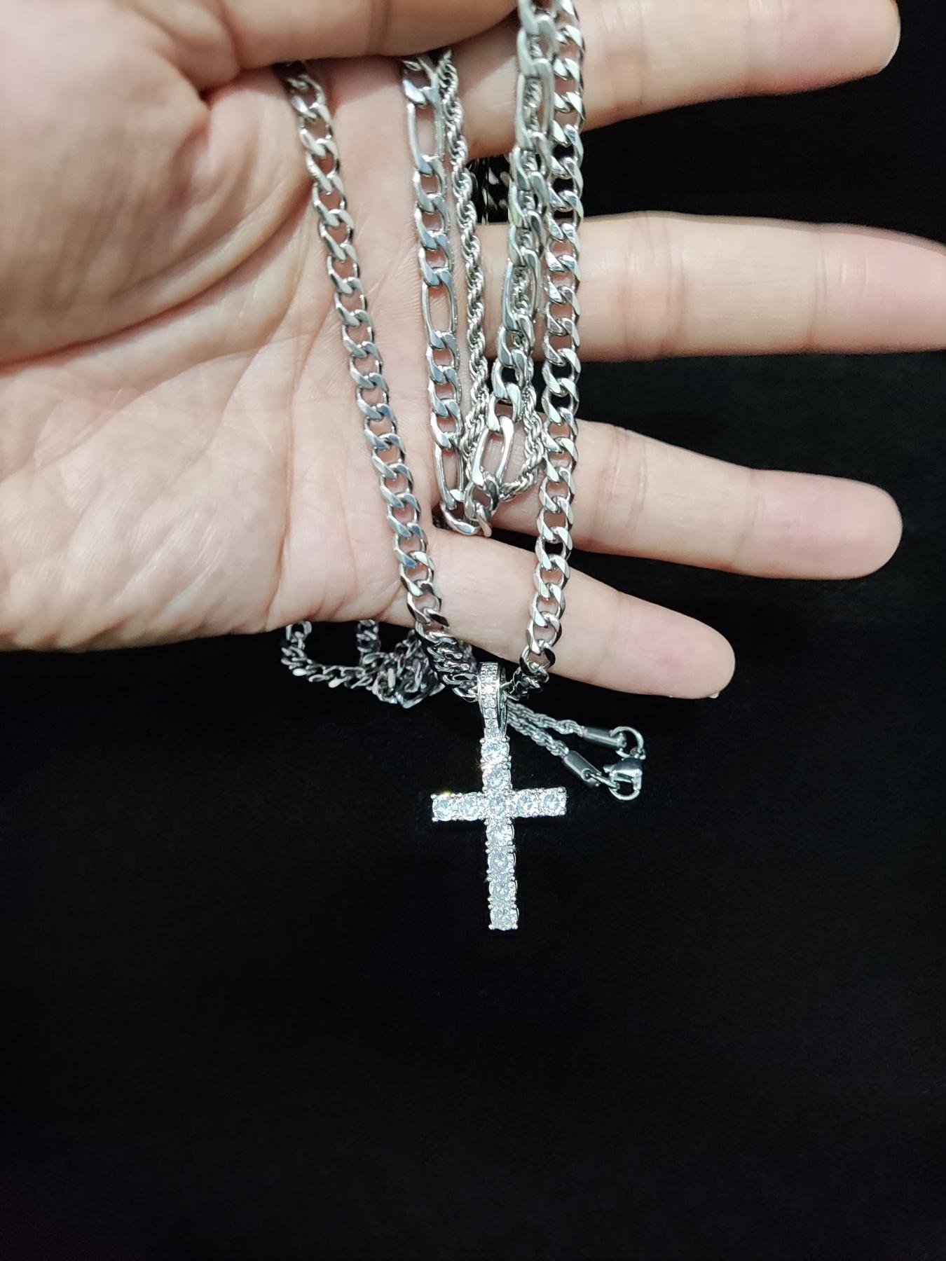 Street Style Rhinestone Decor Necklace Set, Including Cross Necklace & Cuban Link Chain Necklaces, Fashion Jewelry for Party, Daily Decor, Exquisite Jewelry for Gift