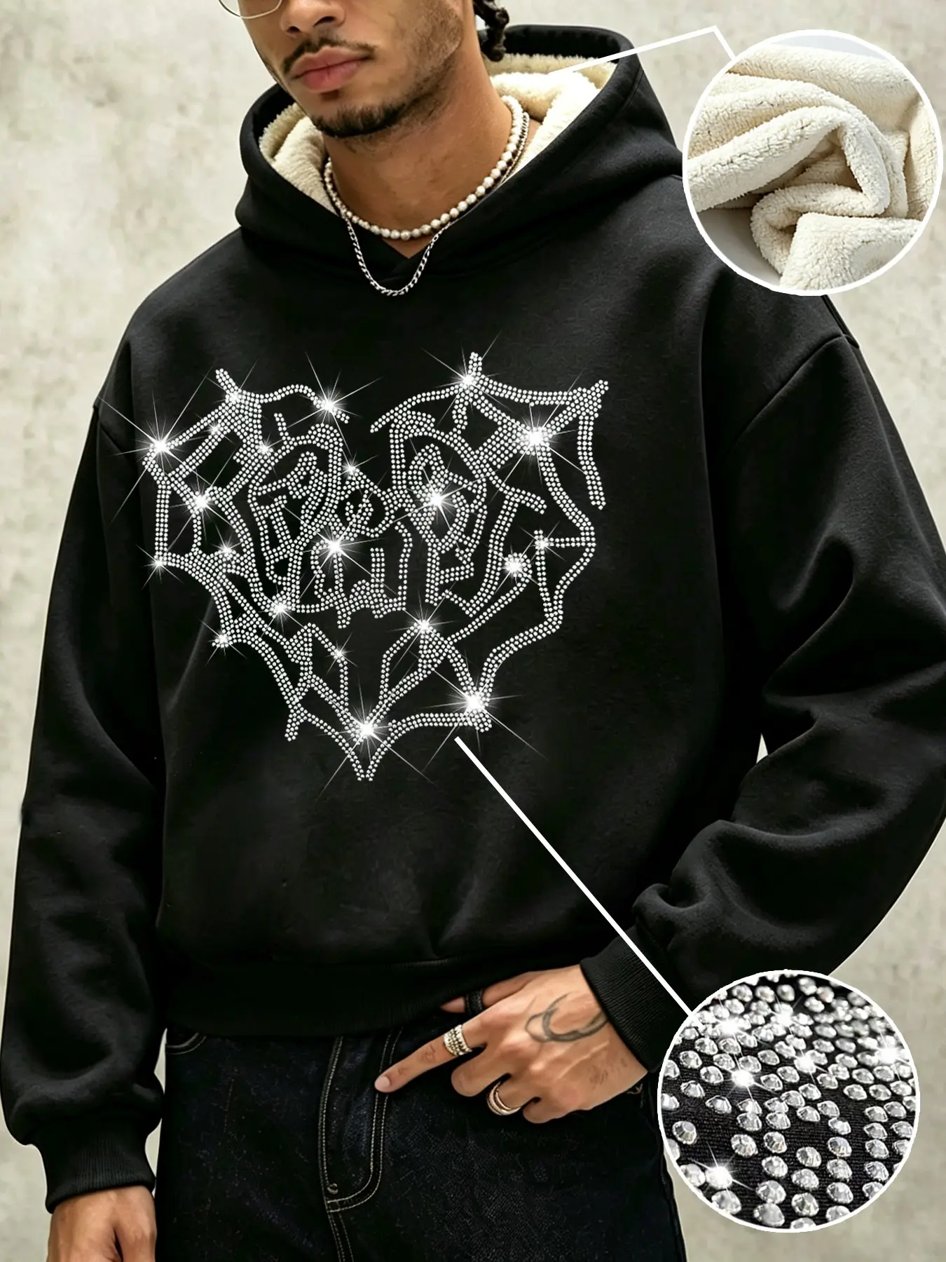 American High Street Short Lamb Fleece Hooded Sweatshirt, Front Rhinestone Thorns Heart, Winter Loose Fit, Unisex