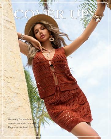 Saodimallsu Womens Crochet Crop Tank Tops Sleeveless Crew Neck Ruffle Summer Boho Knit Sweater Vest