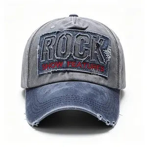 2026 Blue ROCK Letter Vintage Hard-Cap Duckbill Hat with Large Head Circumference and Wide Brim, Hip-Hop Street Style Trendy Sun Hat, Embroidered with Good Quality Fabric, Birthday Gift