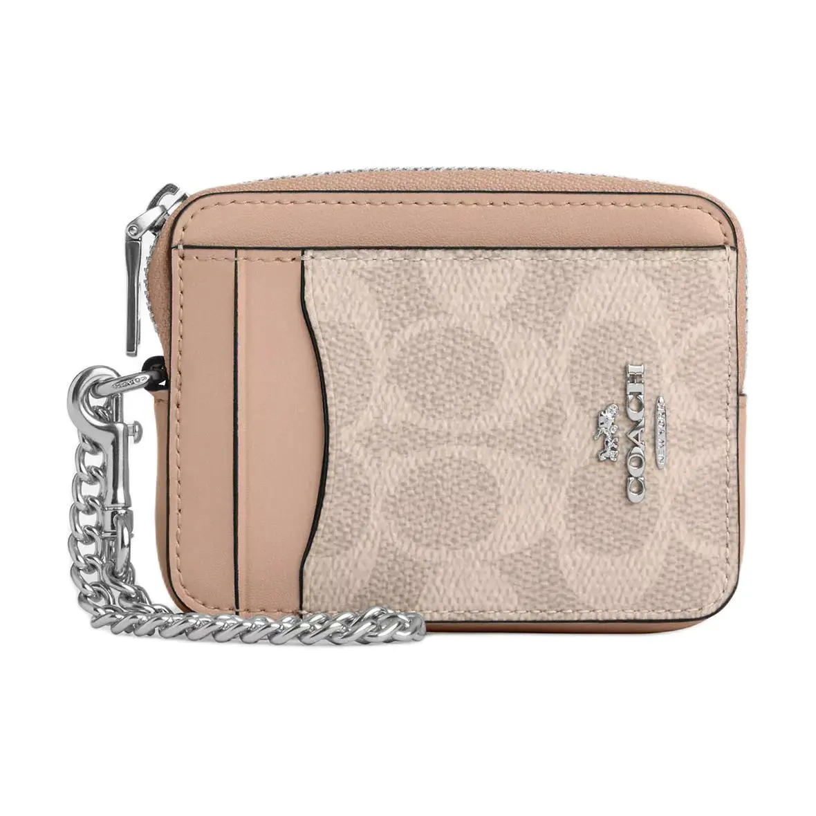 Coach Silver Metallic Logo Coated Canvas Cardholder for Women, Beige and Gray Brown