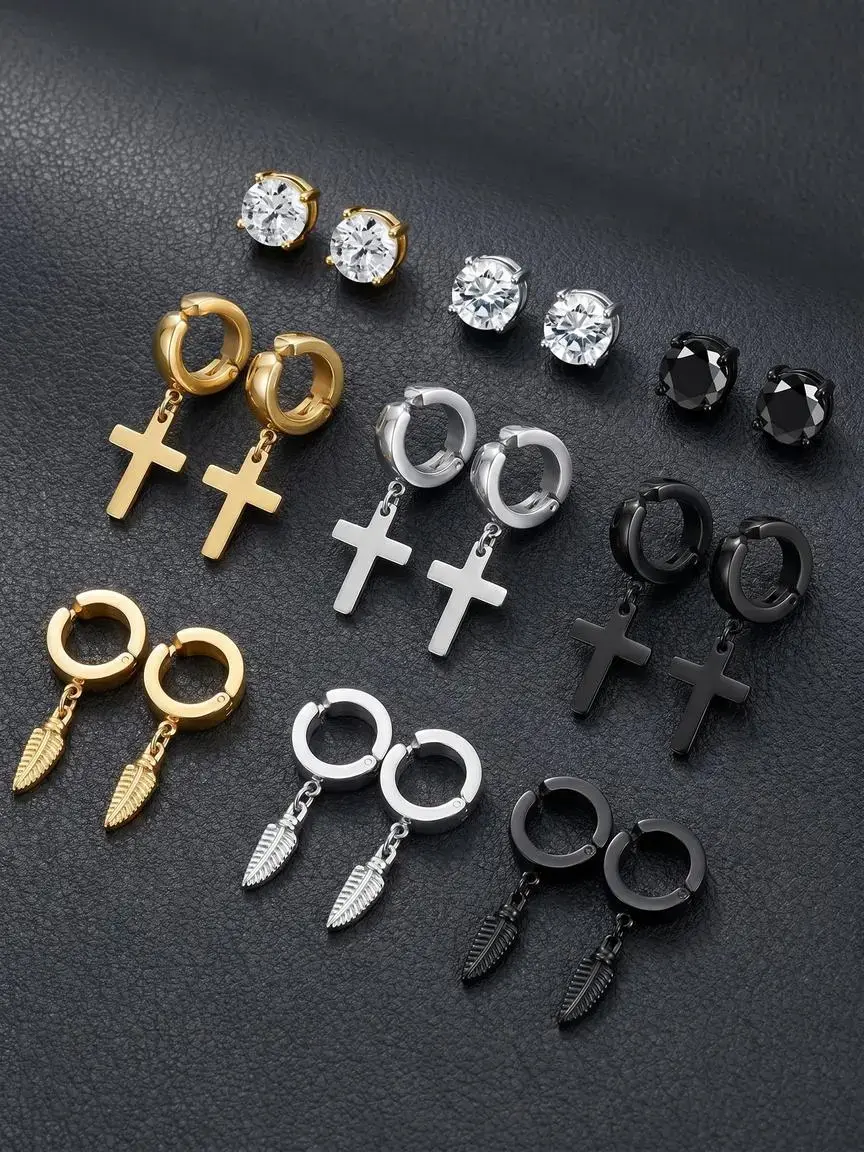 9 Pairs Stainless Steel Cross Earring for Women Men CZ Magnetic Stud Earring No Piercing Hoop Huggie Ear Clips Cross Feather Hinged Earring Set Fashion Jewelry Earrings Earrings Studs
