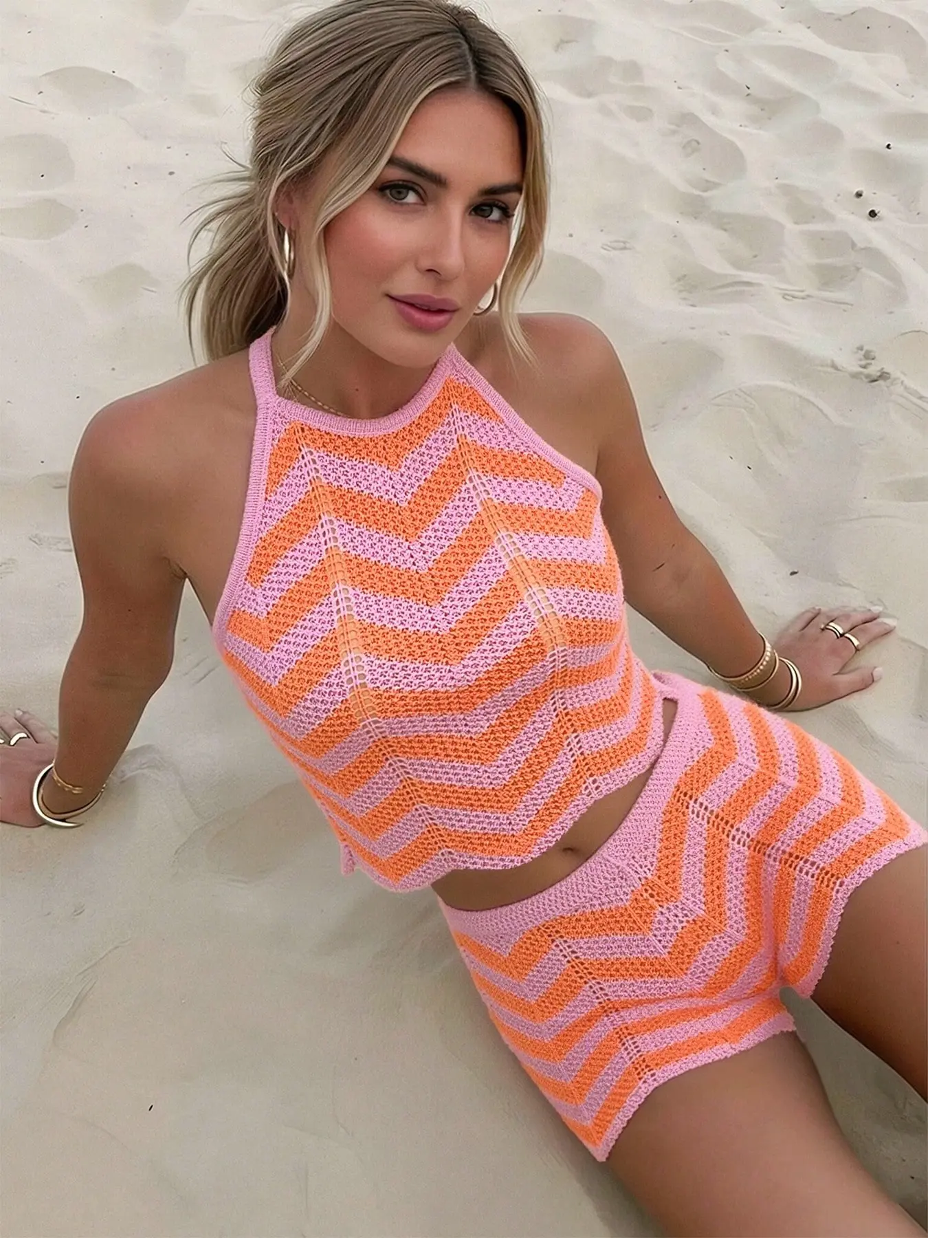 Women's Colorblock Crochet Knit Two-Piece Set, Summer Beach Vacation Halter Crop Top and Shorts, Lightweight, Stylish, Chic and Comfortable
