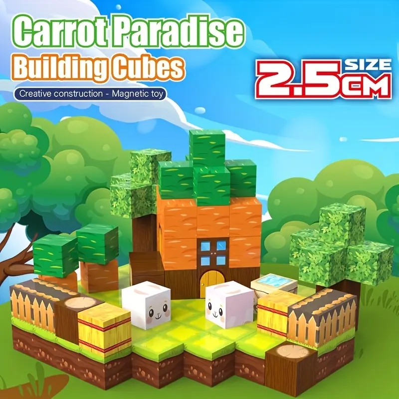 Magnetic Building Blocks Toy Set for Kids, Christmas Birthday Gift Idea, Cute Rabbit Carrot House Design, Simple Desktop Decoration