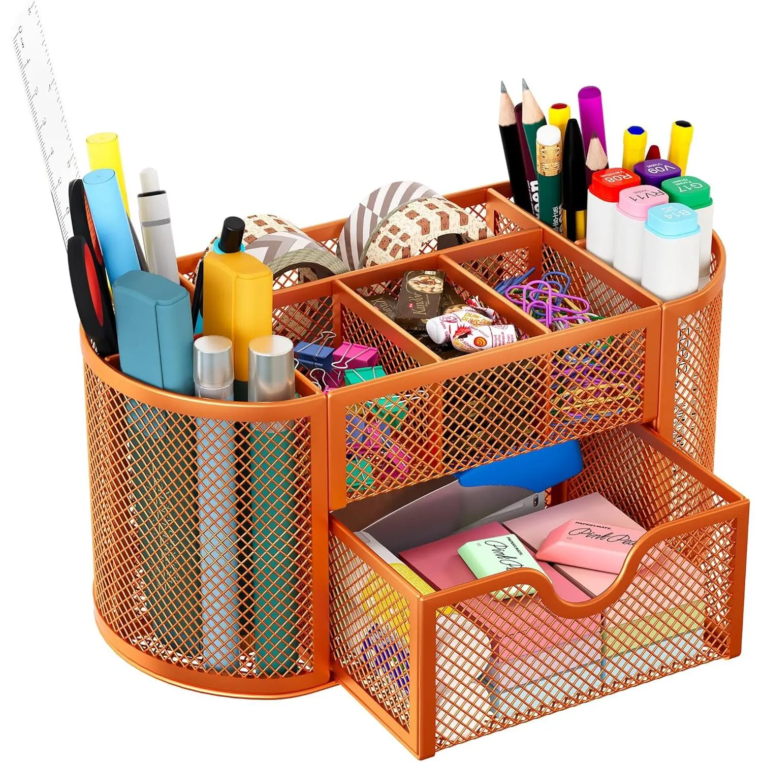 Mesh Pen Holder Desk Organizer with Drawer Stationery Supplies Organizer for Dorm School 9 Compartments Workspace Desk Accessories Organization for Office, Orange, Drawer Compartment, Metallic Finish, Rectangular Shape, Stationary Org