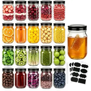 Mason Jars,Glass Jars With Lids 12 oz,Canning Jars For Pickles And Kitchen Storage,Wide Mouth Spice Jars With Black Lids For Honey,Caviar,Herb,Jelly,Jams,Set of 20