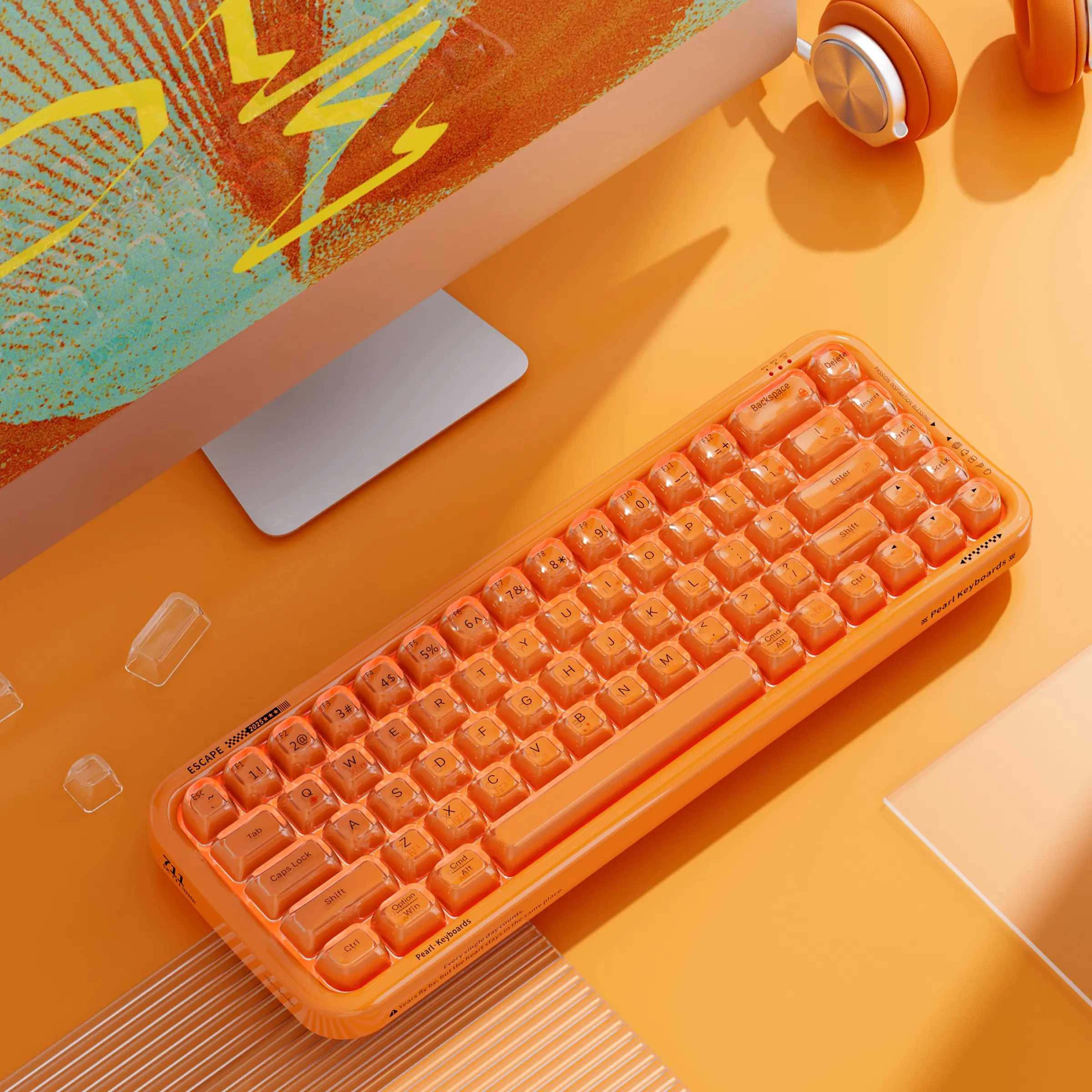 MOFii Pearl Vibrant Orange Tri‑Mode Wireless Membrane Keyboard, 68‑Keys Compact Size, Dual‑Color Injection Semi‑Transparent Keycaps, RGB Backlit Aesthetic Office Gaming Keyboard