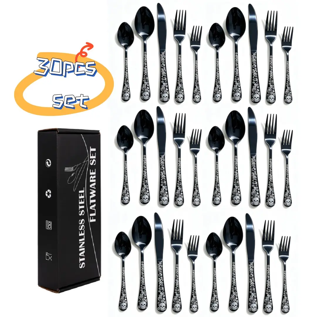 30-Piece Stainless Steel Cutlery Set, Dark Skull Design, Mirror Finish, Easy Clean, Ideal for Home Dining, Halloween Parties, Theme Restaurants
