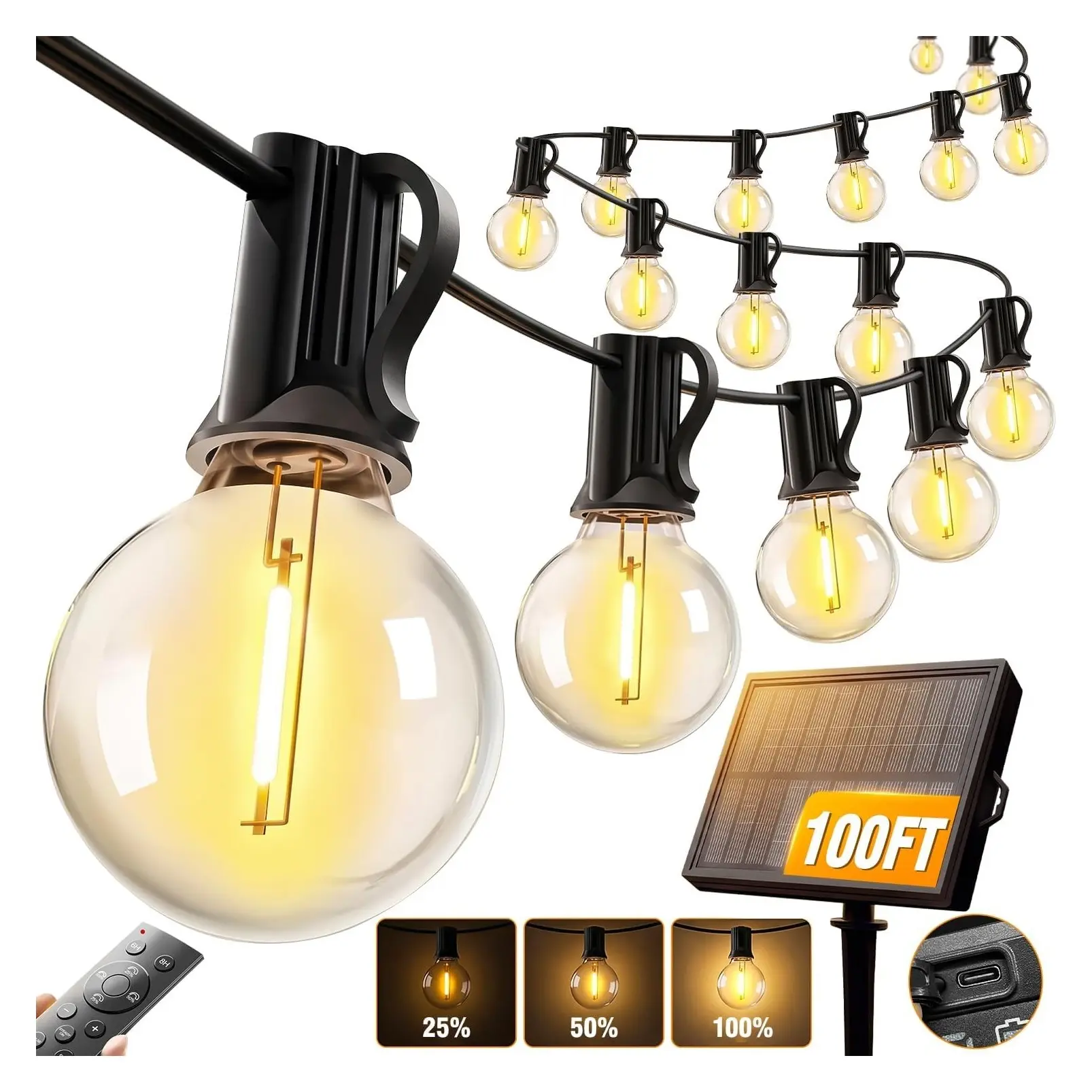 100FT Solar Outdoor String Lights with G40 Shatterproof Bulbs, Upgraded Remote, Solar & USB Charging, Dusk to Dawn, Waterproof Hanging Bistro Lights for Backyard Garden RV CampingGift