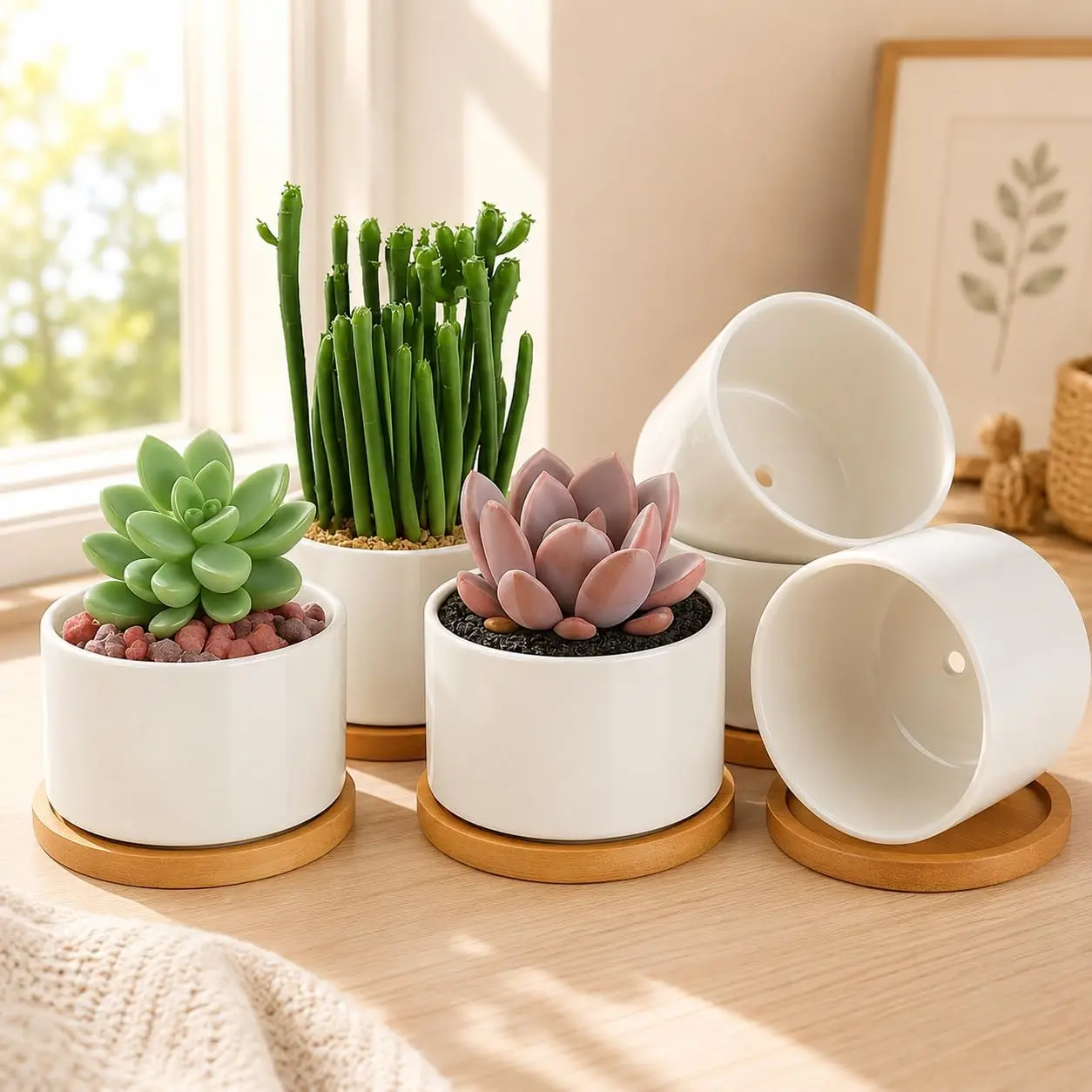 Ceramic Succulent Pots,3.6 Inch  Pots,Succulent Planters with Drainage Hole &  Tray for Indoor ,White Small Flower Planters for ,Office,Desk(6 Pack)