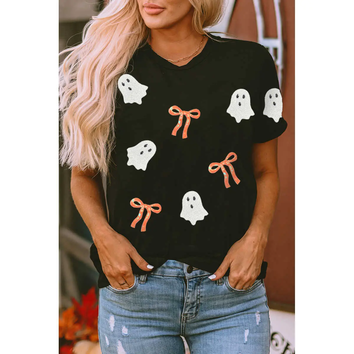 Black Sequin Bow Ghost Patched Halloween Graphic Tee
