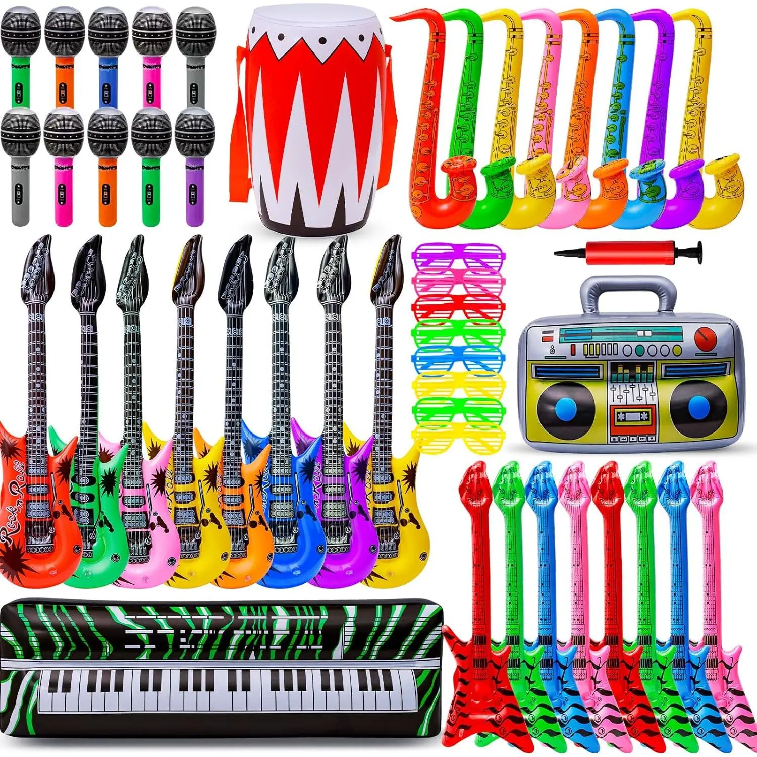 Inflatable Rock Star Toys 48pcs 80s 90s Party Decorations Inflatable Party Props Musical Instrument Blow up Guitar Inflate Rock Band for Carnival Rock and Roll Party Favors Random Color