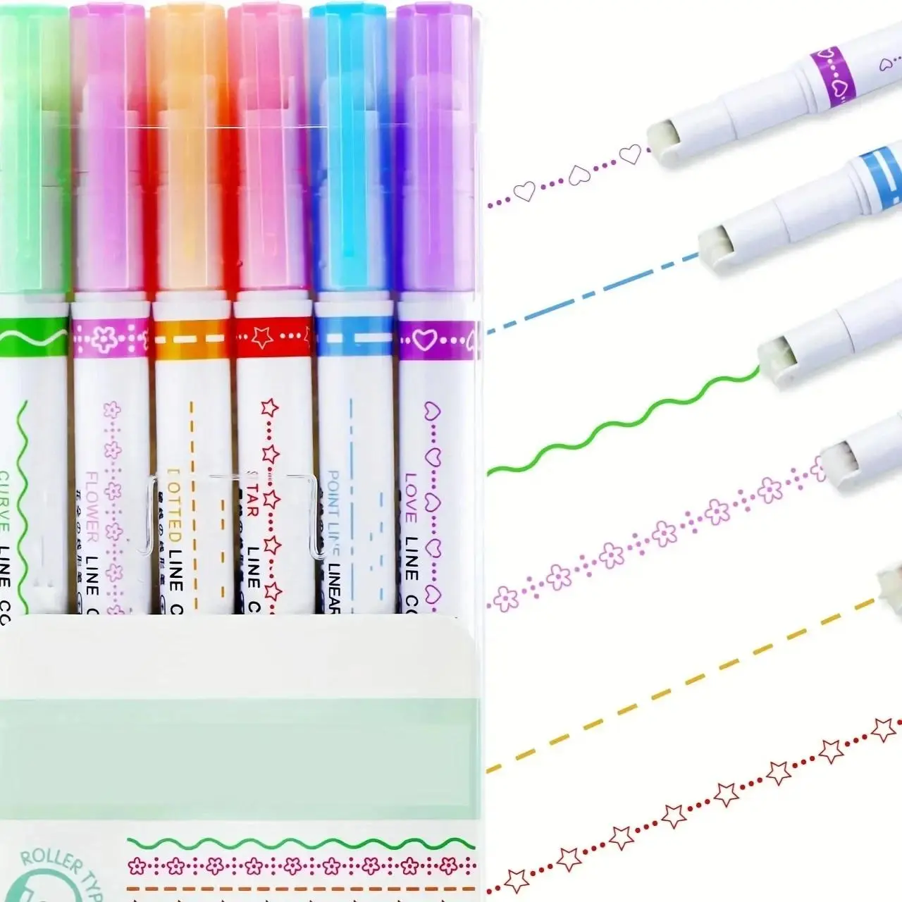 Curve Liner Highlighter Set, 6 Pcs Aesthetic Roller Tip Pens for Student Journaling, Note Taking, and Back to School Supplies, 6 Color Set