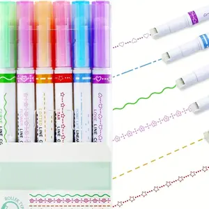 6 Pcs Line Shaped Curve Liner Highlighter Set, Colorful Roller Tip Art Contour Marker Pens, Smooth Writing Journal Highlighters, Aesthetic School Stationery Supplies for Students Note Taking, Planner Drawing & Back to School