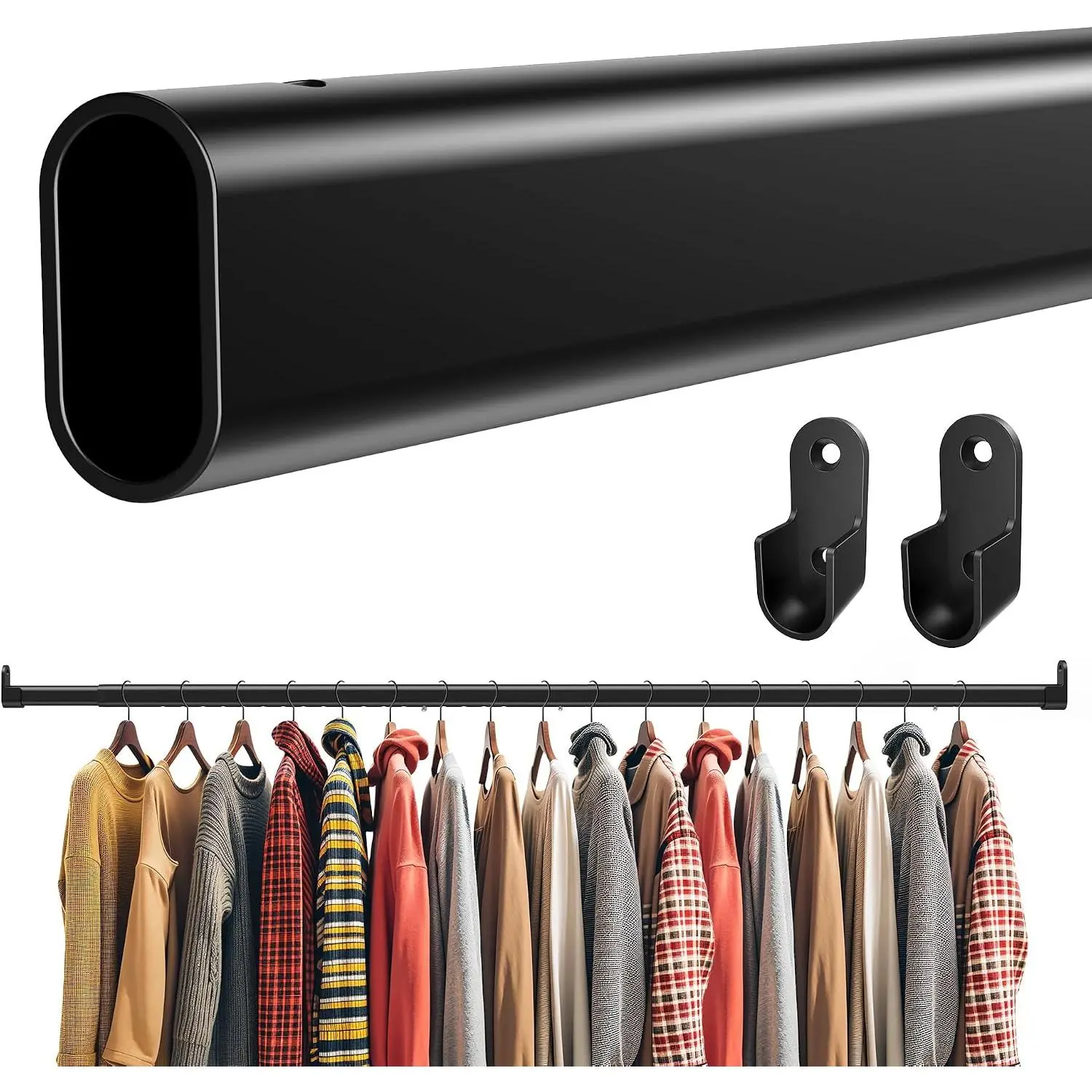 Oval Closet Rod for  Clothes, Adjustable, 18 to 51 in | Black, Heavy Duty, Metal, Suitable for Wardrobes, Laundry, RV