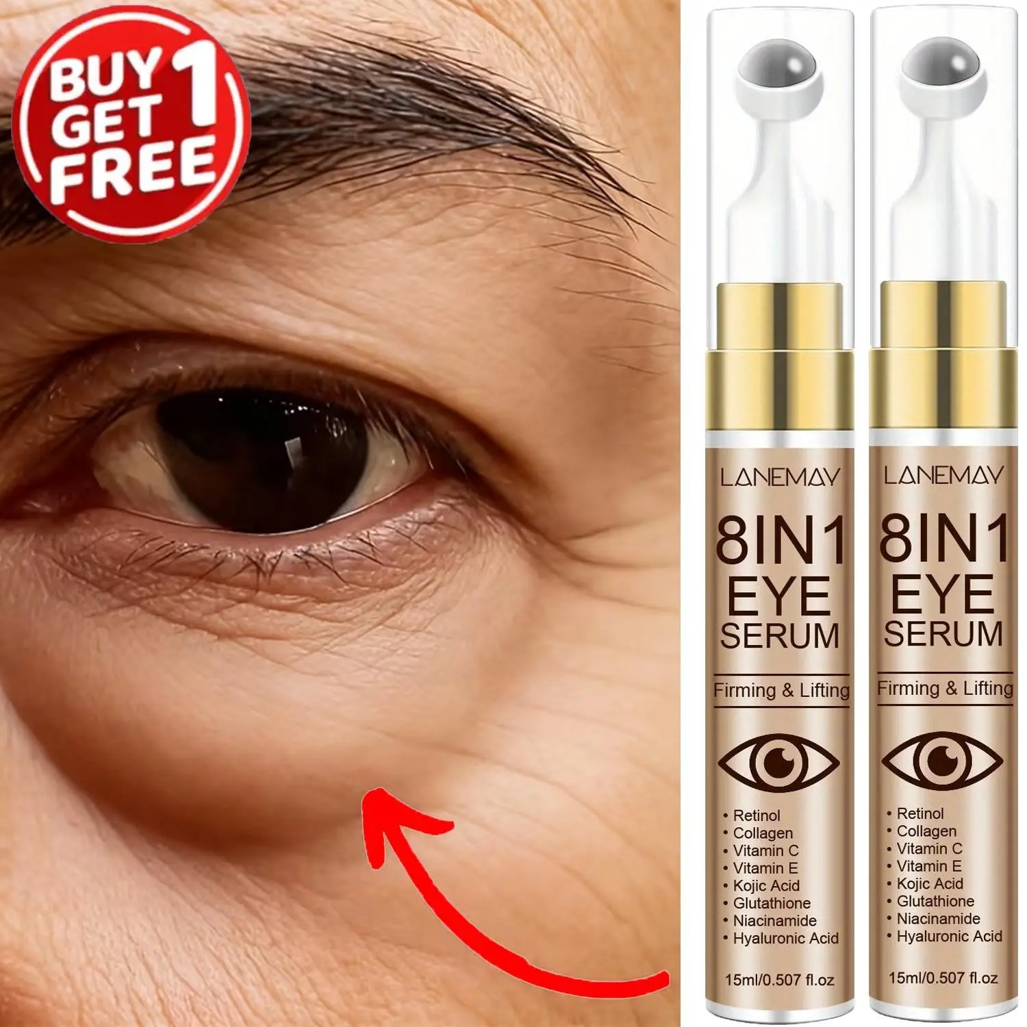 8-in-1 Eye Serum (2pcs) - Eye Care Product, Eye Bag Care, Instantly lifts the eye area, deeply moisturizes, smooth texture, 360-degree eye roller massage enhances absorption, contains retinol, collagen, niacinamide and hyaluronic acid