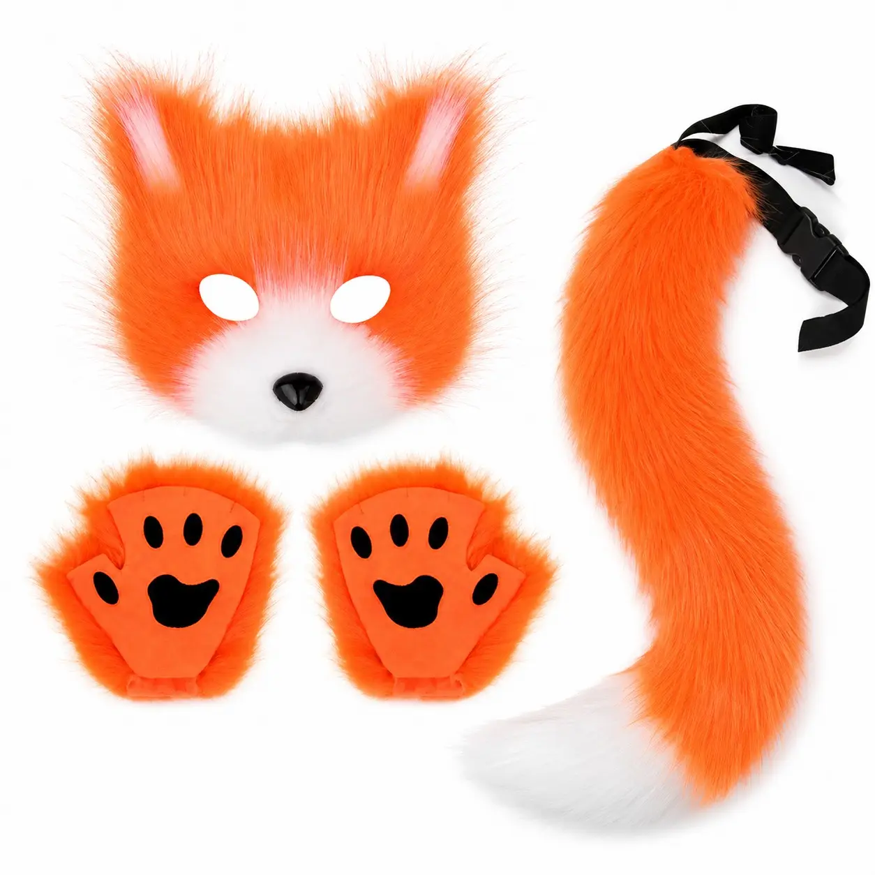 4pcs Faux Fur Fox Costume Set with Mask, Adjustable Fluffy Tail, Fingerless Paw Gloves, Halloween Cosplay Party Dress Up