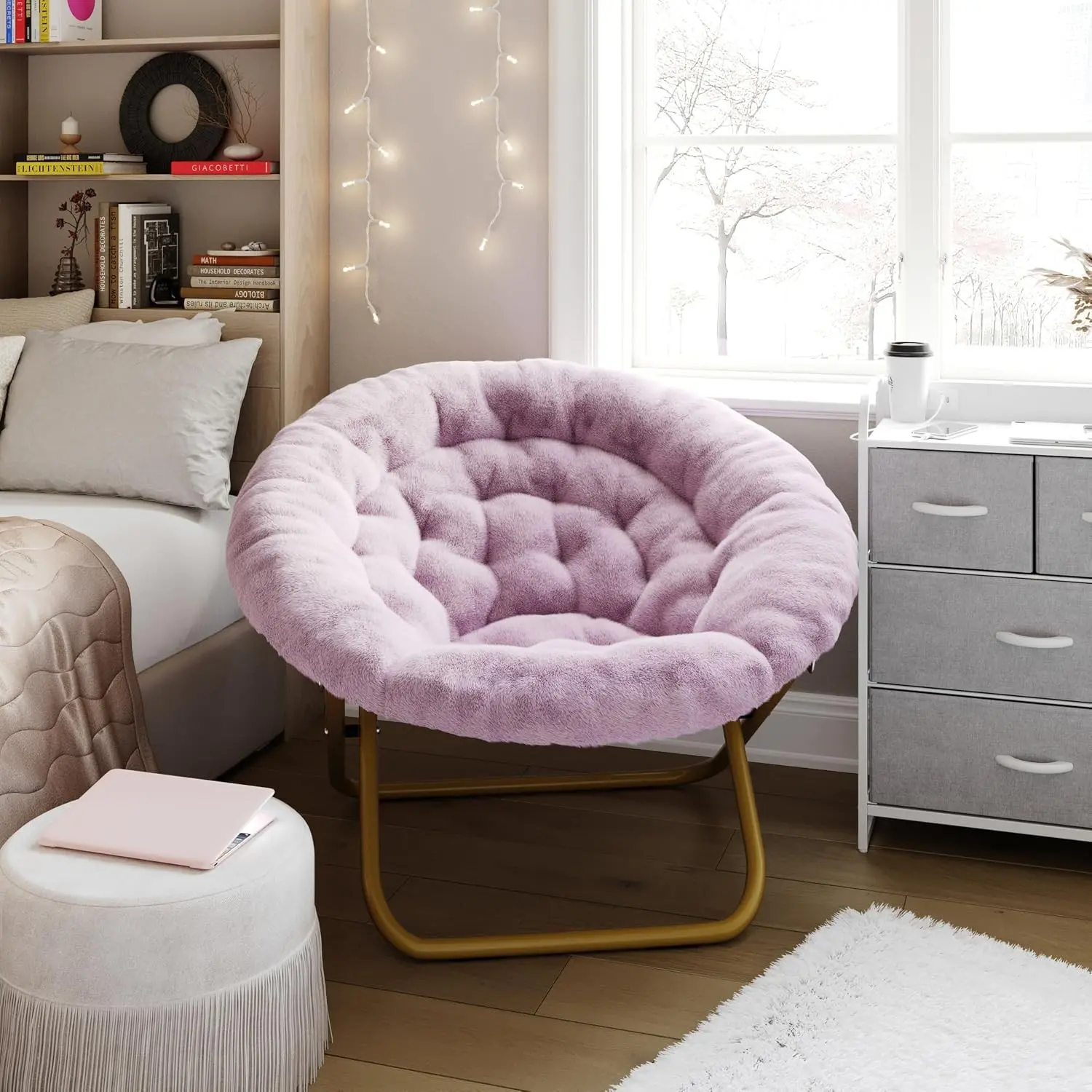 Ersa Oversize Folding Saucer Chair - Dusty Purple Faux Fur Moon Chair - Soft Gold Metal Frame - 38" Portable Folding Chair - for Dorm and Bedroom