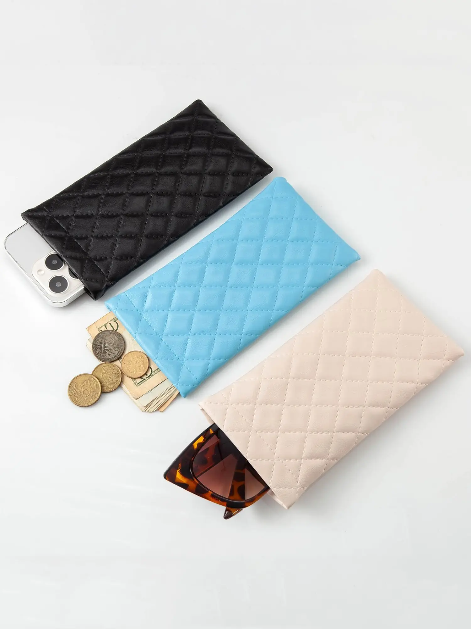 Fashion Quilted Slim Auto Close Wallet, Soft Leather Anti-Scratch Eyeglass Case, Multi-Functional Cosmetic Storage Pouch, Holds Sunglasses, Reading Glasses, Myopia & Astigmatism Glasses, Unisex, Ideal For Daily Outings & Beach Vacation, Travel Essentials