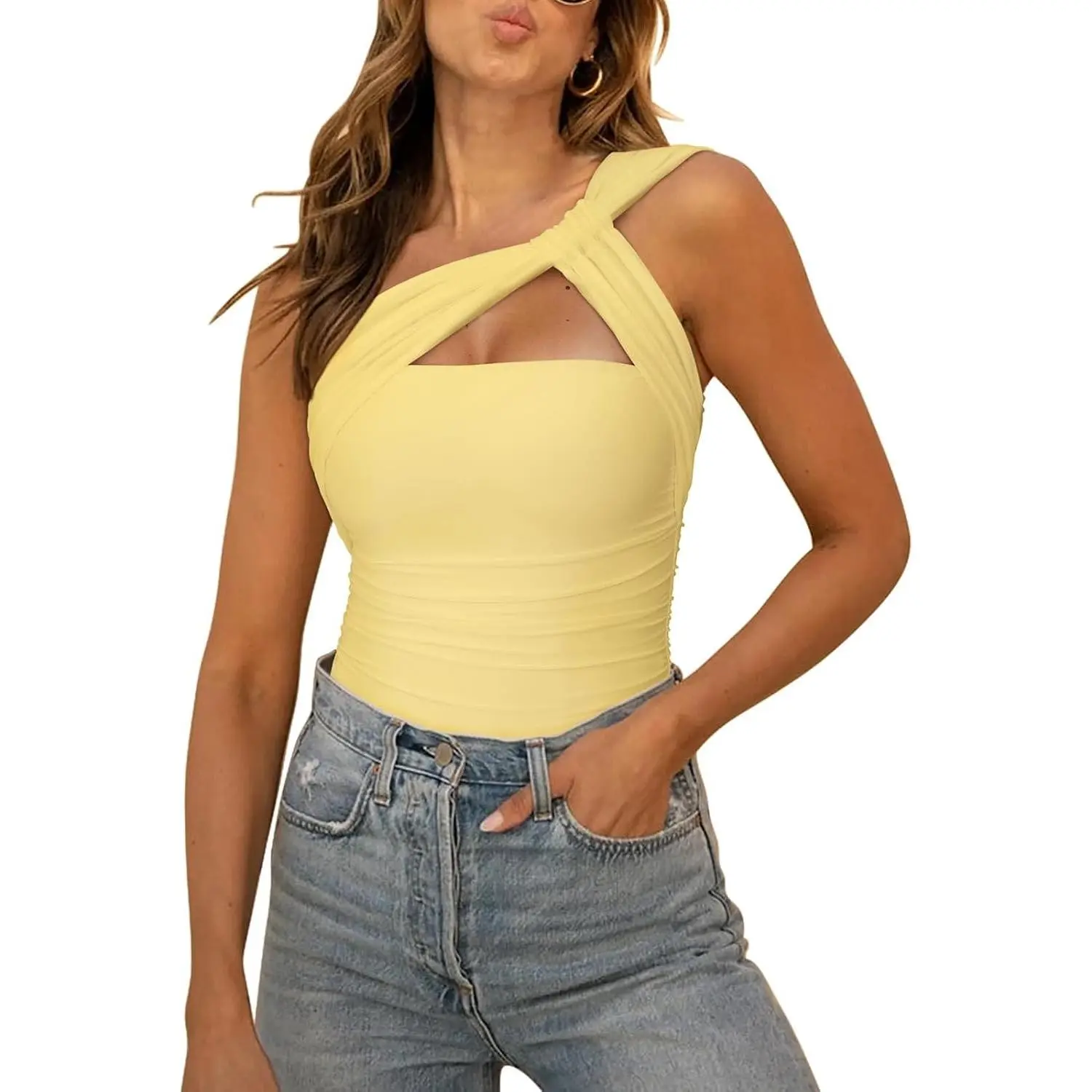 Womens Sexy One Shoulder Asymmetrical Leopard Print Mesh Ruched Backless Going Out Bodysuits Tops