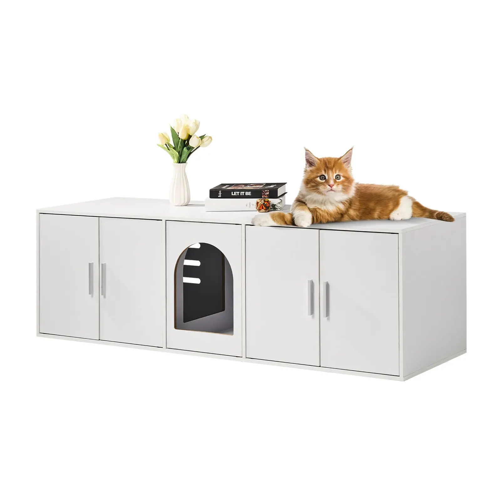 Cat Litter Box Enclosure for 2 Cats, Litter Box Furniture Hidden with Double Rooms, Wooden Cat Box Cabinet Fit Most of Litter Box, 57.9"Lx 18.3"Wx 17.9"H, White