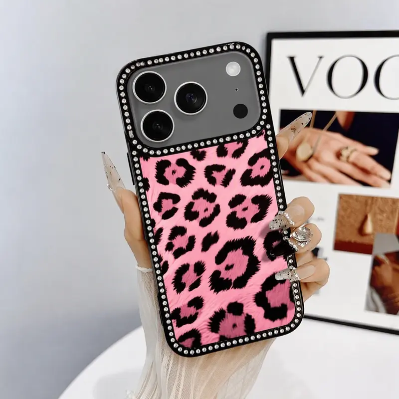Pink Leopard Print Rhinestone Protective Phone Case with Large-Hole Star Frame - Shockproof Non-Slip TPU, Full-Coverage Lens , Multi-Model for iPhone 11/12/13/14/15/16/17/18 Series, Smartphone Casing, Phone Accessory, Gift Idea