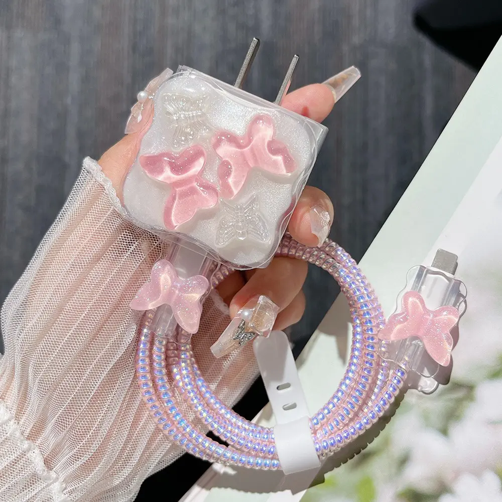 Charger Cable Protector Compatible with Apple 20w USB C Adapter, Charging Head Cover, Soft Clear Silicone Cute Butterfly Heart Design, Data Cable Connection Protector, Connection Guard, Adjustable Strap