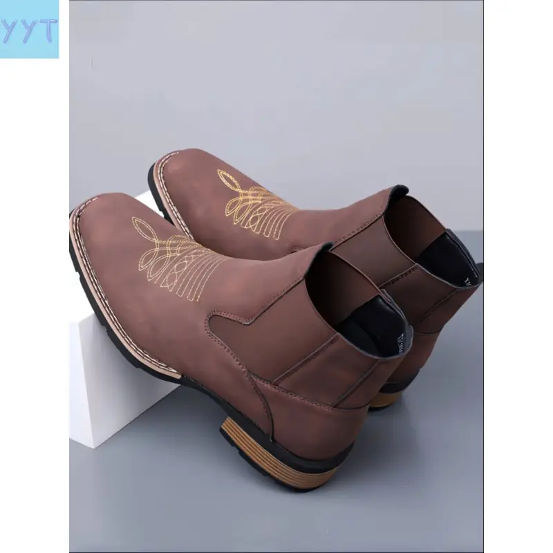 YYT1 Men's Square Toe Low Heel Comfortable Rubber Short Boots, Embroidery Vintage Fashion Chelsea Boots, Casual Wear Shoes, Daily Wear Boots