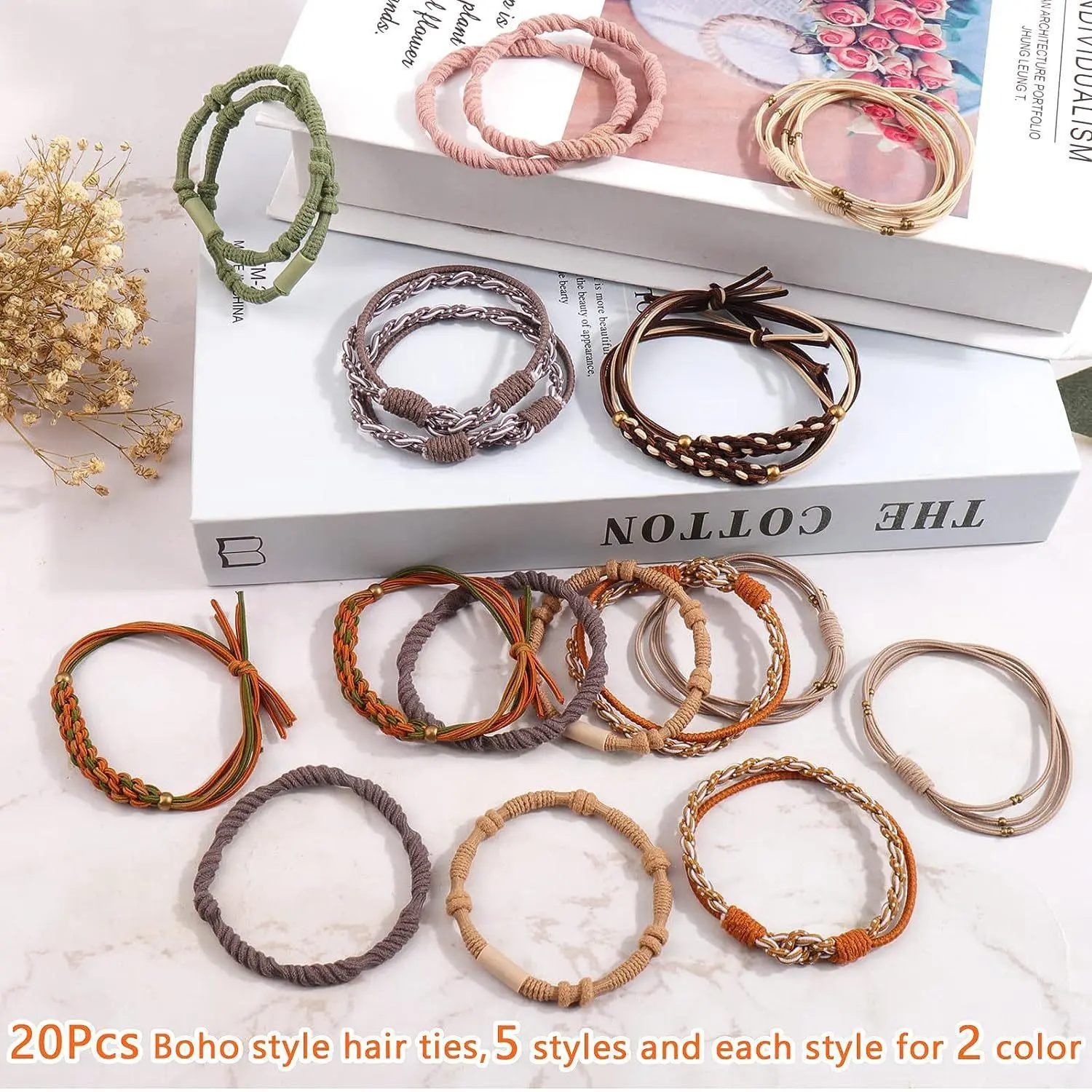 Boho Elastic Hair Ties for Women, High Stretch Hair Bands & Wrist Bracelets, Soft No-Damage Ponytail Holders, Trendy Everyday Hair Accessories for Work, Gym, Travel & Daily Styling