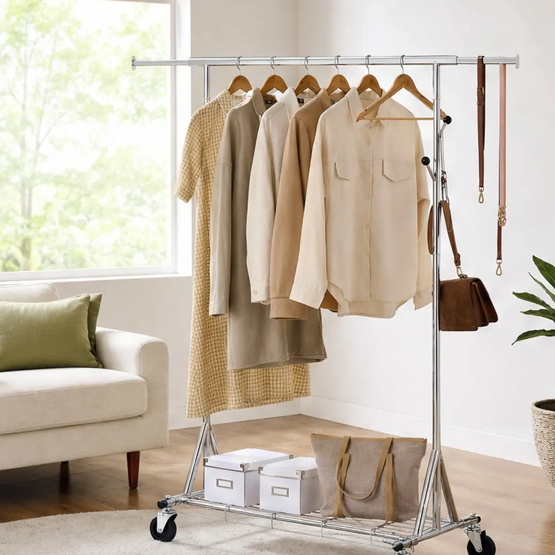 ARCH Heavy Duty Clothing Rack 600LBS Rolling Clothes Rack for Hanging Clothes, Commercial Garment Rack Collapsible Portable with Wheels, Adjustable Extendable Rods, Iron Silver, for Bedroom Closet Storage, Silver Color Options, Iron Material