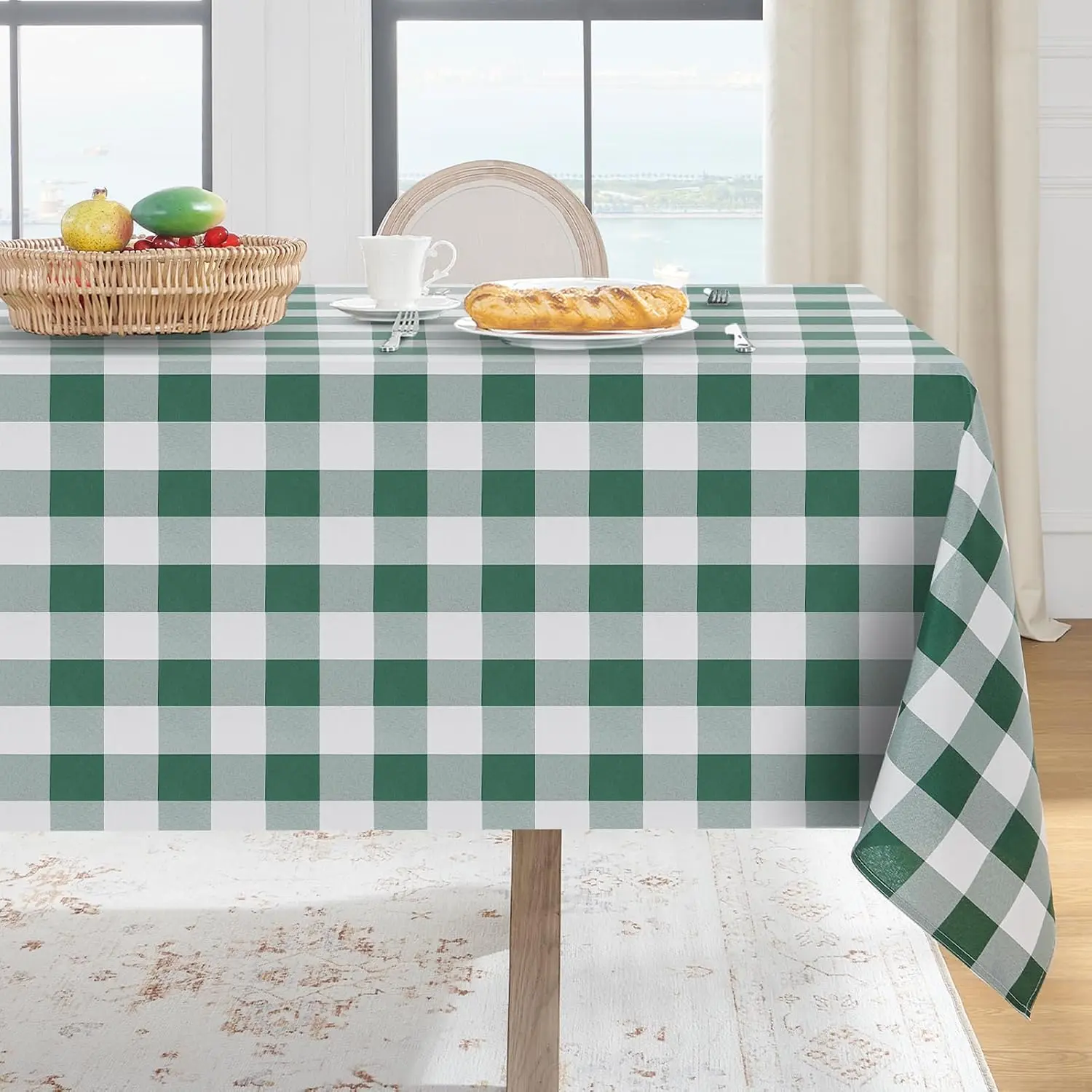 Gingham Checkered Rectangle Tablecloth - 60x102", Waterproof, Stain Resistant, Machine Washable Household Kitchen Linen for Camping, Easter (Green and White), Waterproofing, Camping Use