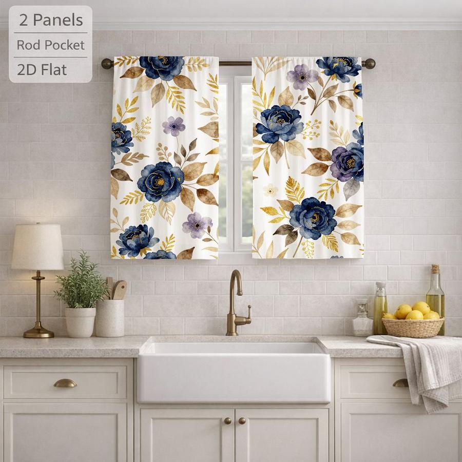 2 Pcs Elegant Floral Pattern Blue Peony Golden Leaves Sun Blocking Curtains Digital Printed Rod Pocket for Bedroom Office Kitchen Living Room Study Home Decor