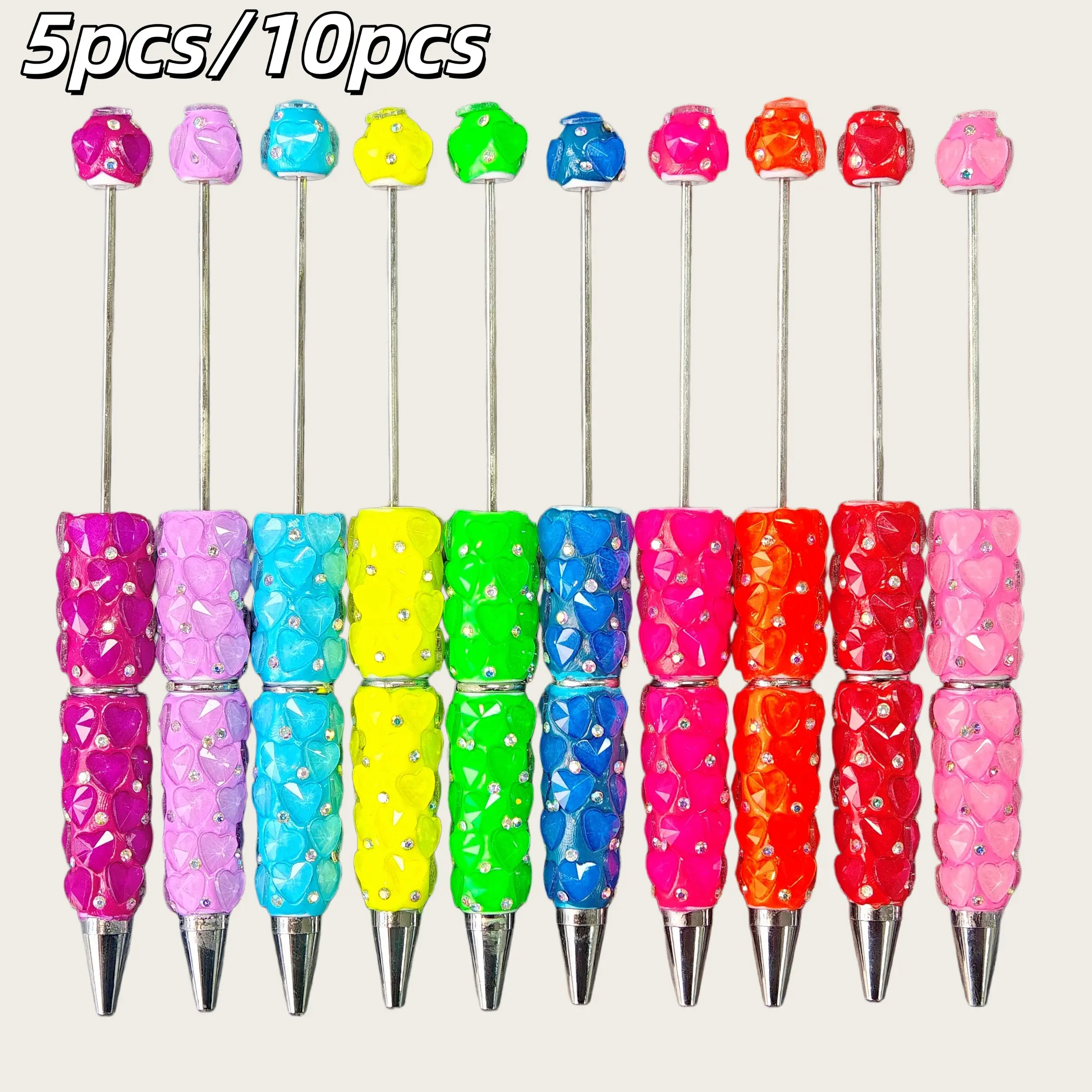 5pcs/10pcs Heart Gemstone Rhinestone Beaded Pens, Pens Set, Creative Handmade Gift, Elegant Writing Pen, Luxury Signature Pen, Office Practical Decorative Pen