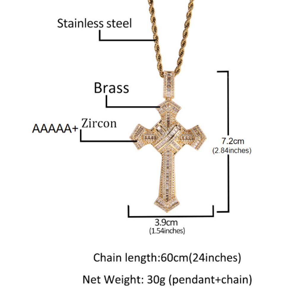 Moissanite-Set Cross Pendant with Rope Chain Unique Men's Necklace Hip-Hop Jewelry Full Pavé Shine Twisted Chain Durable Skin-Friendly Gift For Him