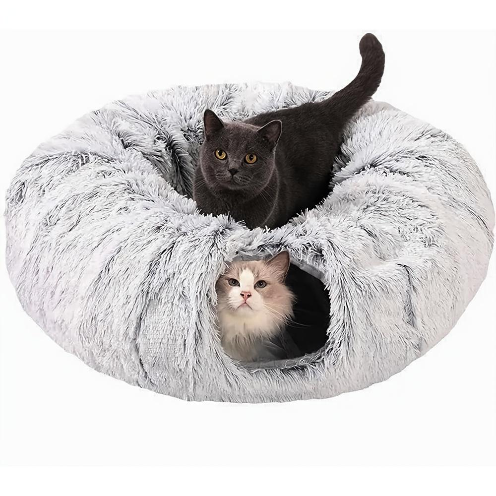 [Foldable Plush Cat Bed] 1pc Foldable Portable Long Plush Cat Bed Cat Tunnel with Plush Cushion