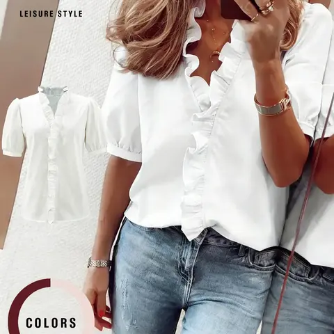 Women's Chic Fitted Short Sleeve Solid Blouse, Ruffled V Neck Design, Lantern Sleeves, Casual Elegant Design, Ideal for Everyday Wear
