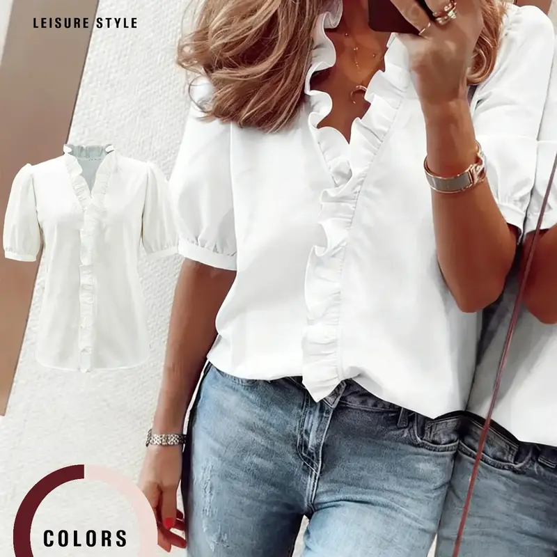 Women's Chic Fitted Short Sleeve Solid Blouse, Ruffled V Neck Design, Lantern Sleeves, Casual Elegant Design, Ideal for Everyday Wear