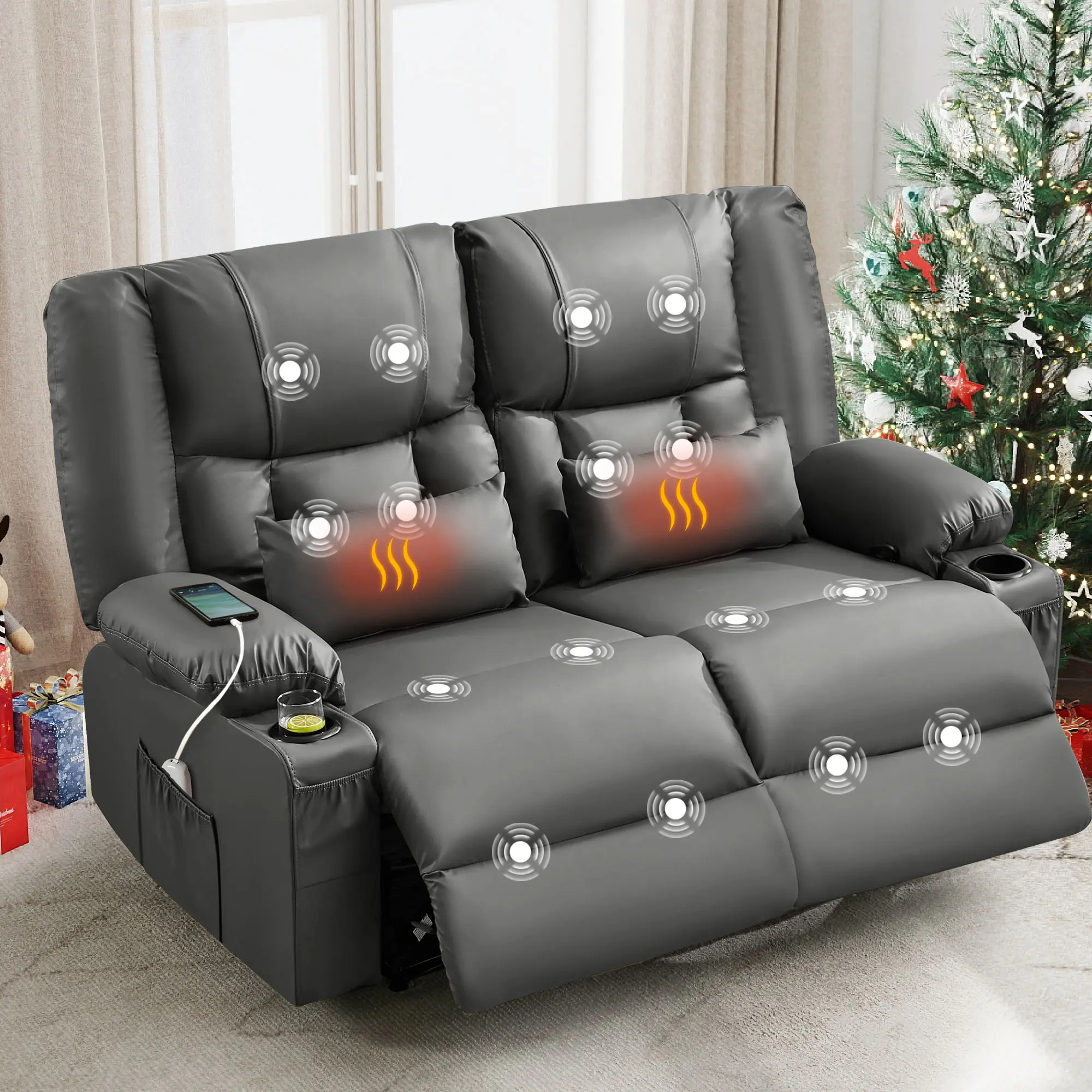 Leather 2-Seat ARCH Recliner Loveseat - Living Room Manual Oversized Sofa with 8 Massage Points, Heating, Cup Holders, USB Ports, Side Pocket, Soft Foam Cushions, Metal Frame, 150° Recline, 62W x 36D x 41.4H in, Two Seats