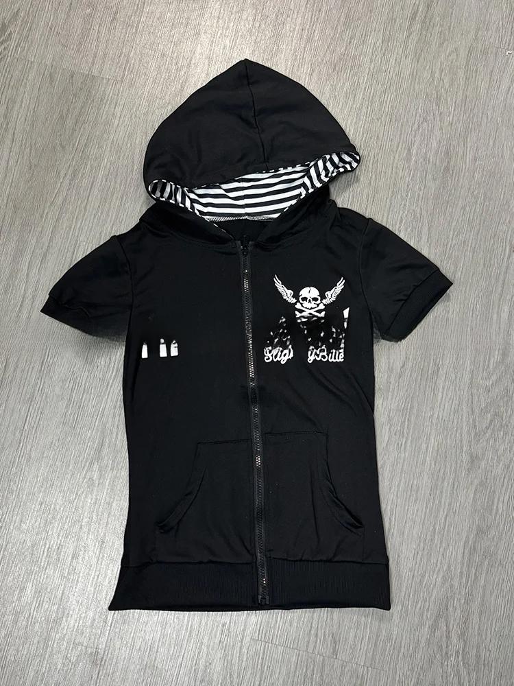 Y2K Subculture Skull Print Zip Cardigan Short Sleeve Women Japan Slim Fit Striped Hoodie Casual Tops Fashion Streetwear Clothes