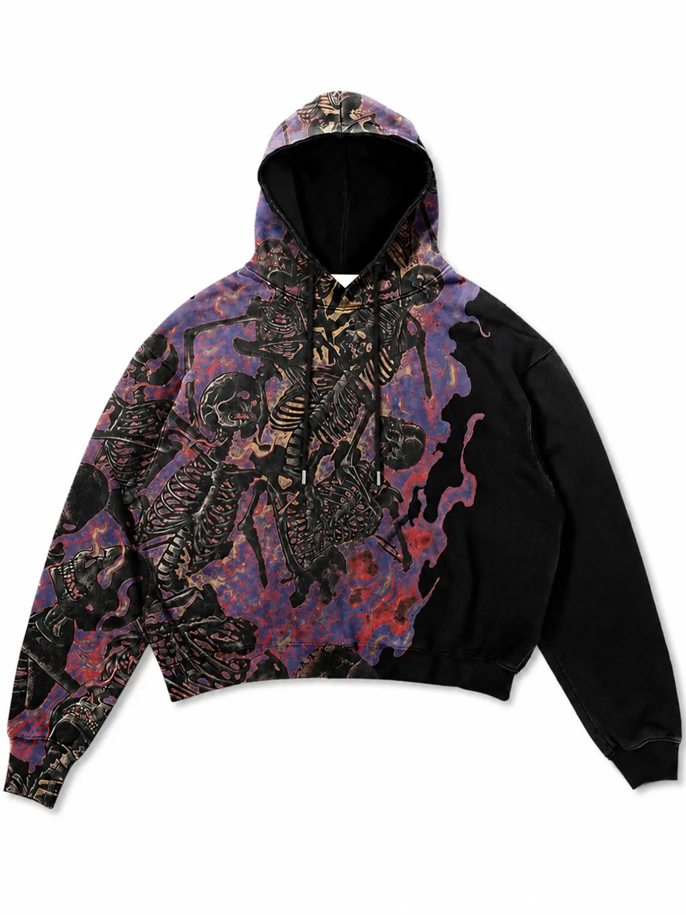 American Vintage Washed Patchwork Sweatshirt Hoodie, Flame Skull Bone Full Print High Waist Short Streetwear, Spring & Fall Loose Fit